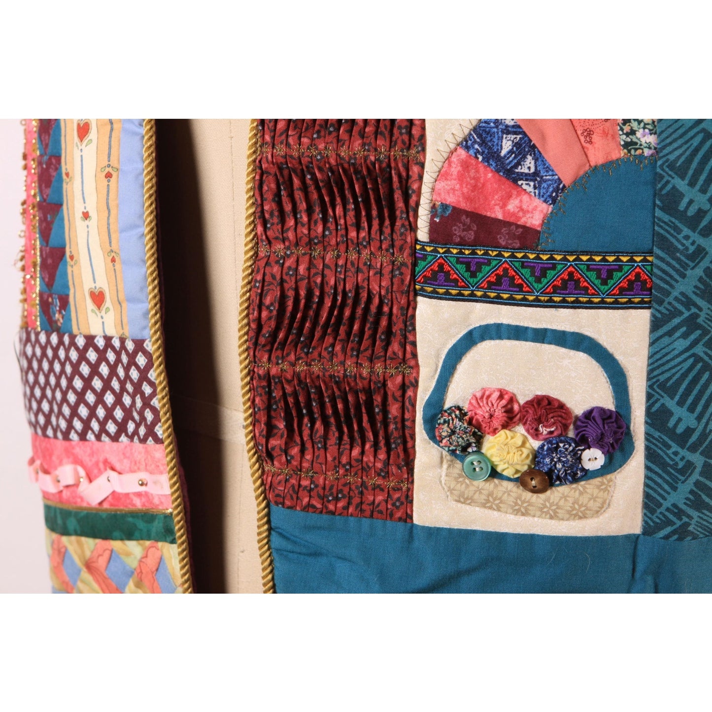 1980s Multi-Colored Patchwork Quilt Basket and Heart Sleeveless Reversible Galaxy Vest -XL