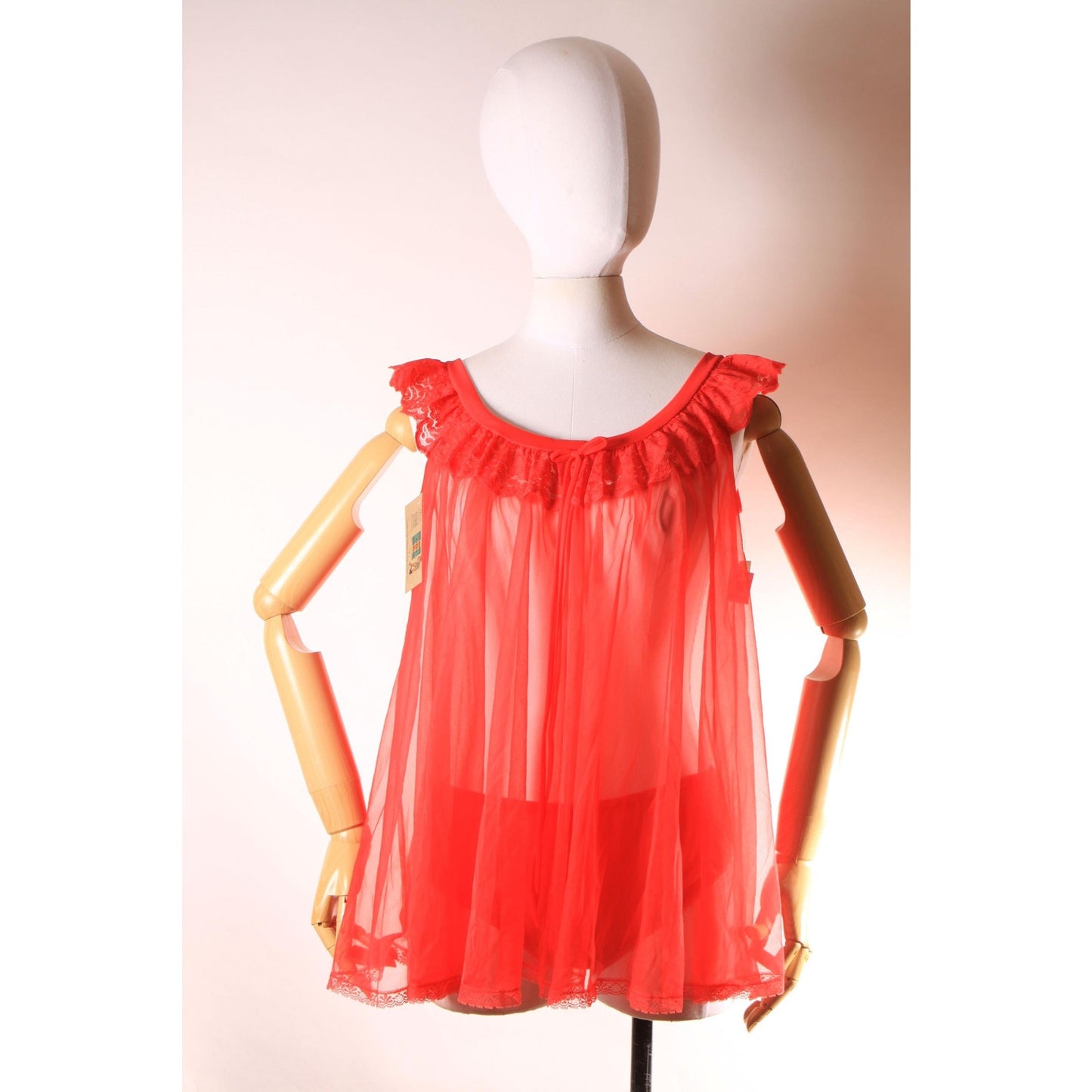 Deadstock Late 1960s Early 1970s Red Sheer Lingerie Night Gown Top with Matching Underwear Panties by JCPenney -M