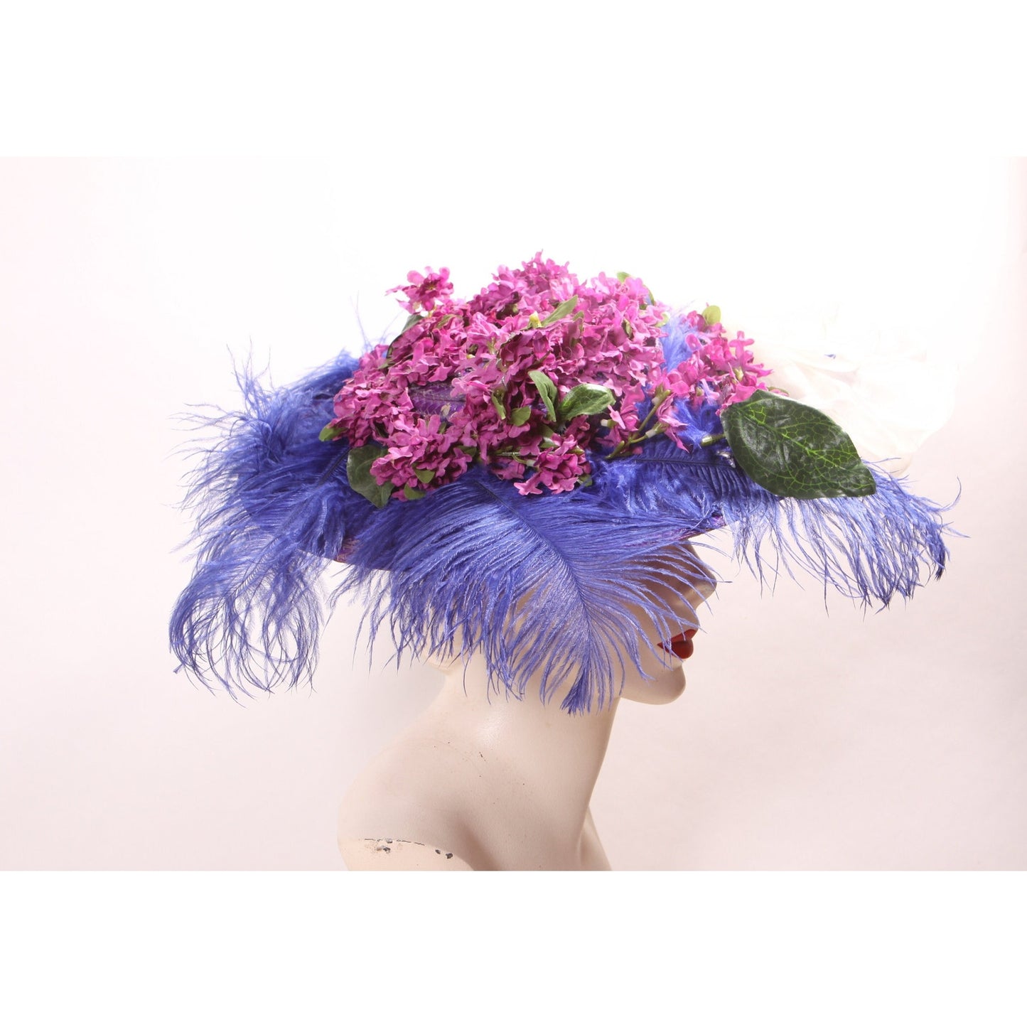 1980s Does Edwardian Victorian Style Wide Brim Purple Straw Hat with Blue Feather and Faux Flowers Floral Hat