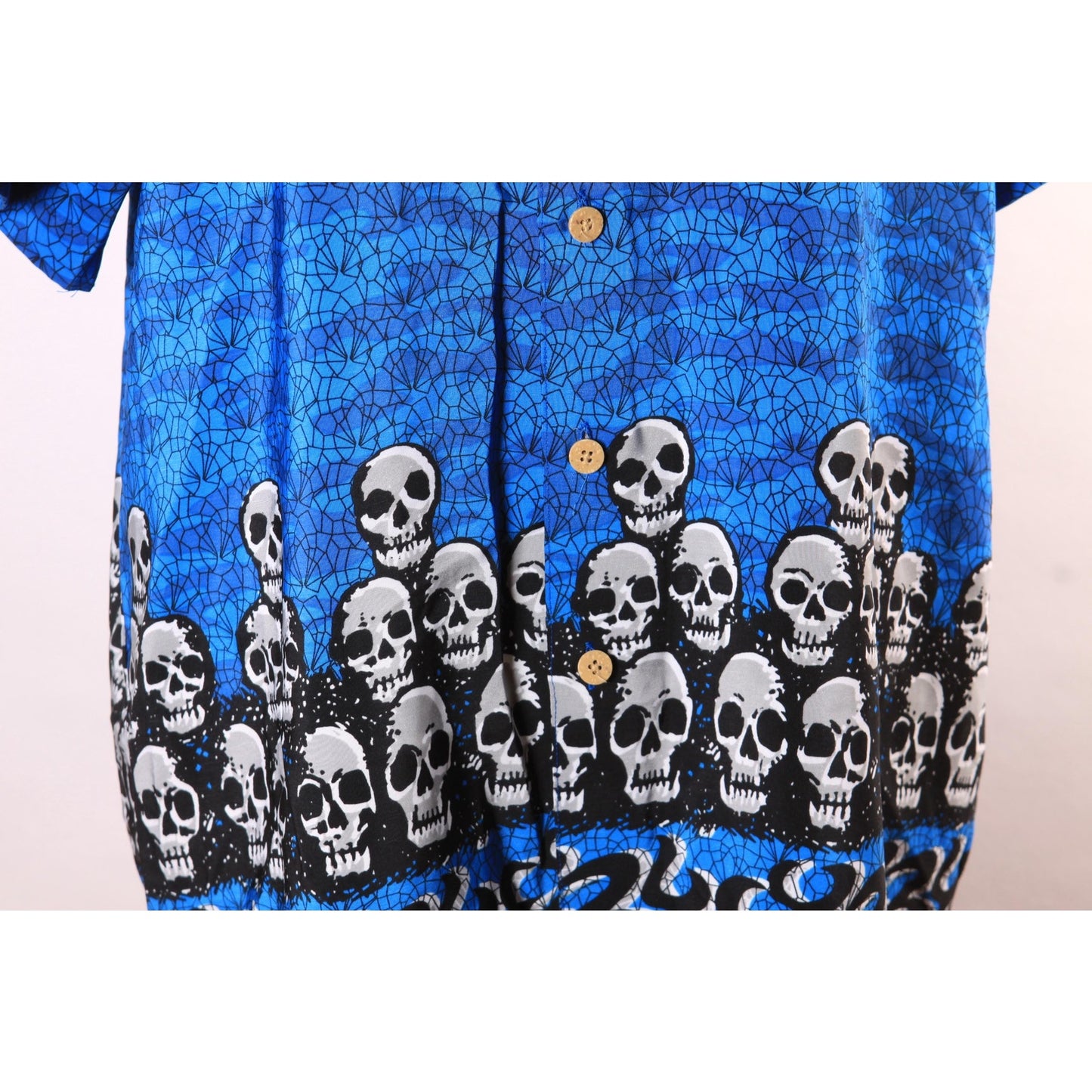 1990s Y2K Novelty Blue, Black and White Skull Border Print Button Down Mens Shirt by Extreme Gear -S