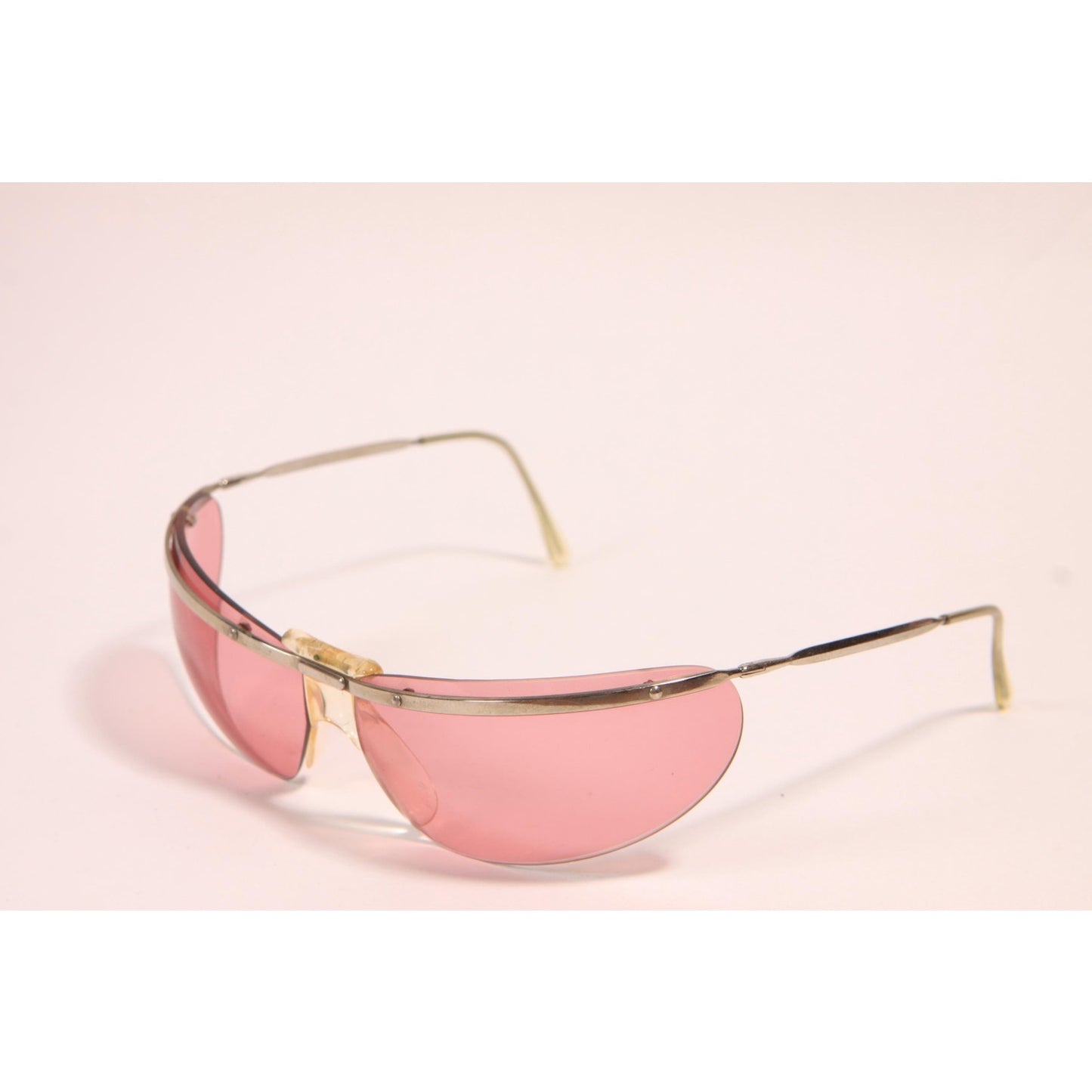 1960s Clear Pink and Silver Tone Metal Curved Frame Floating Lens Elvis Wrap Around Sunglasses by Renauld of France with Original Case