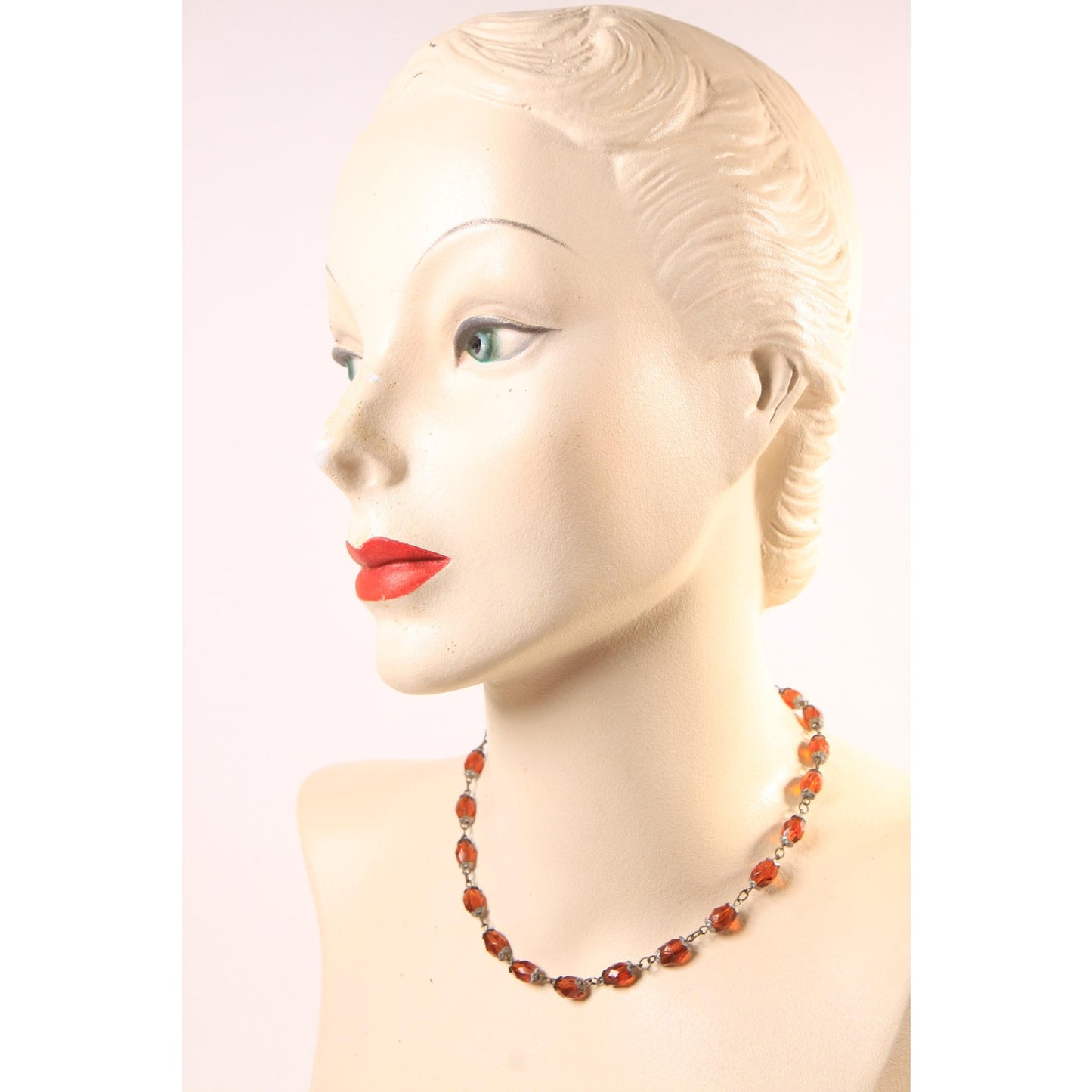 1940s 1950s Brass Tone Amber Glass Beaded Faceted Necklace