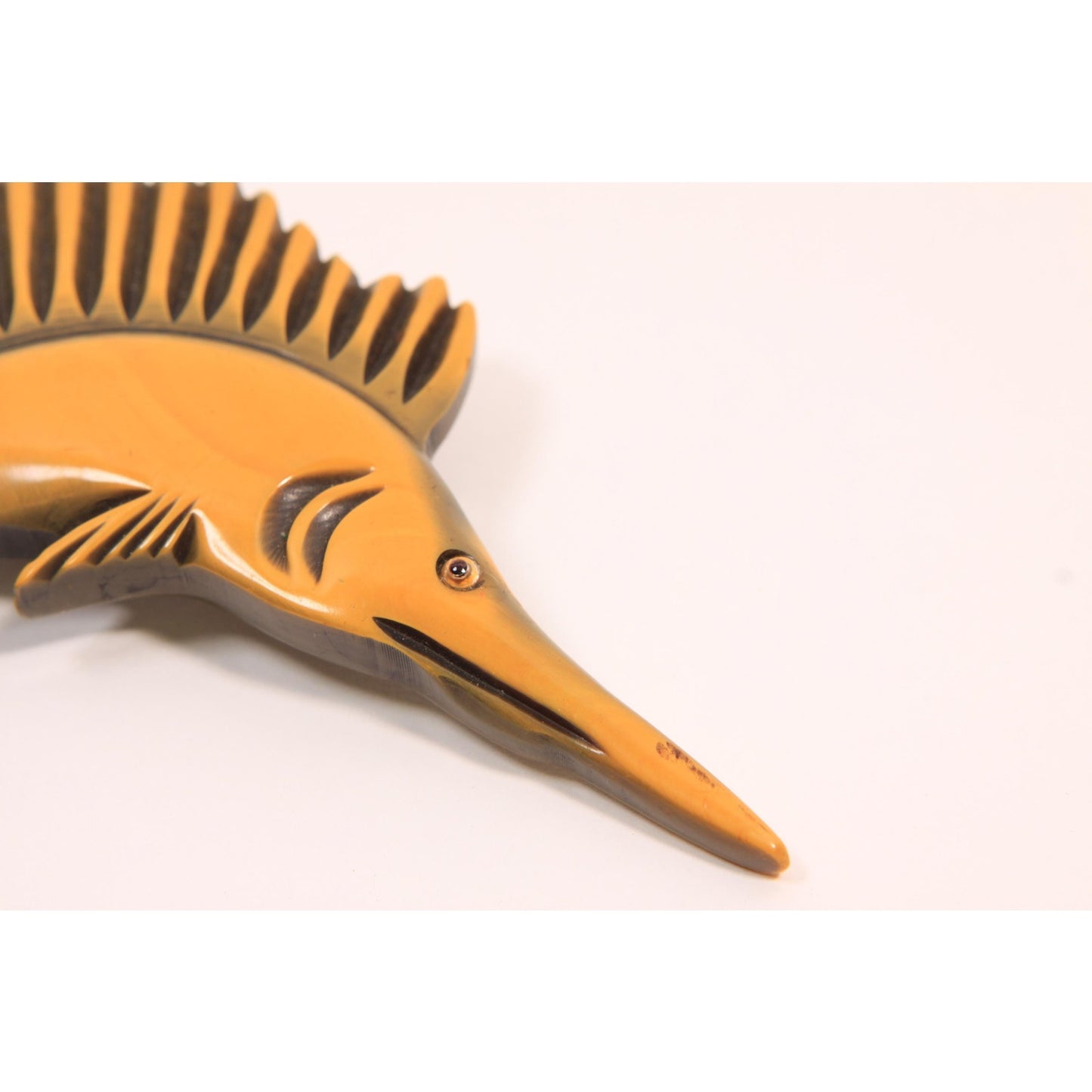 1940s 1950s Novelty Yellow Carved Bakelite Marlin Sailfish Swordfish Brooch
