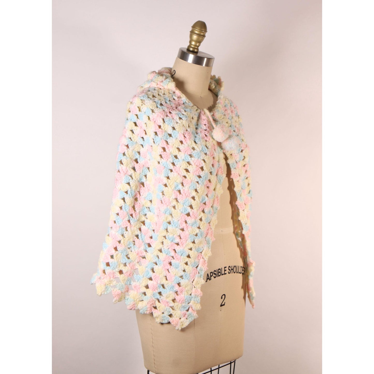 Late 1960s Early 1970s Pastel Pink, Blue and Yellow Crochet Pom Pom Hooded Hood Shawl Wrap