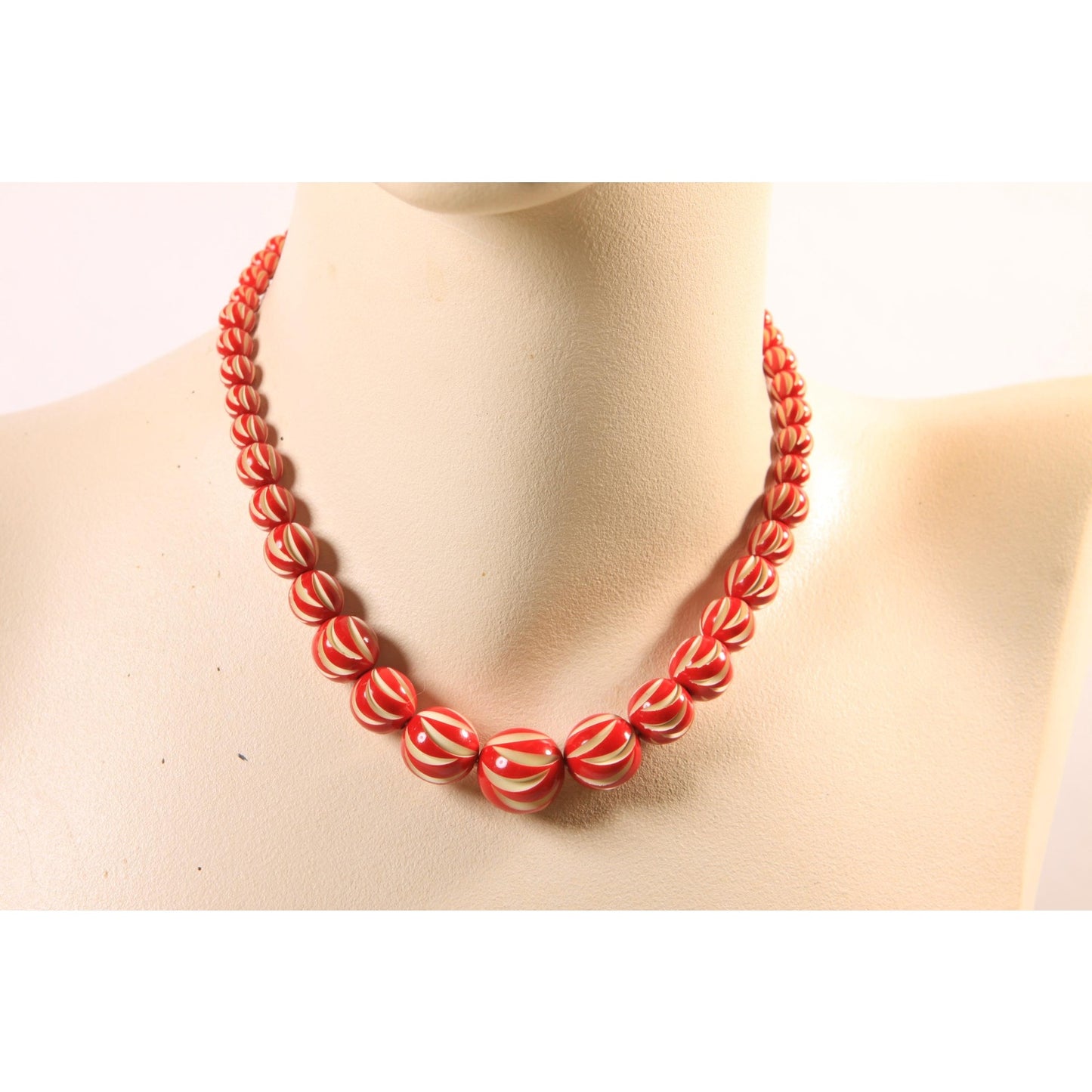 1920s Red and Cream Off White Carved French Galalith Beaded Necklace