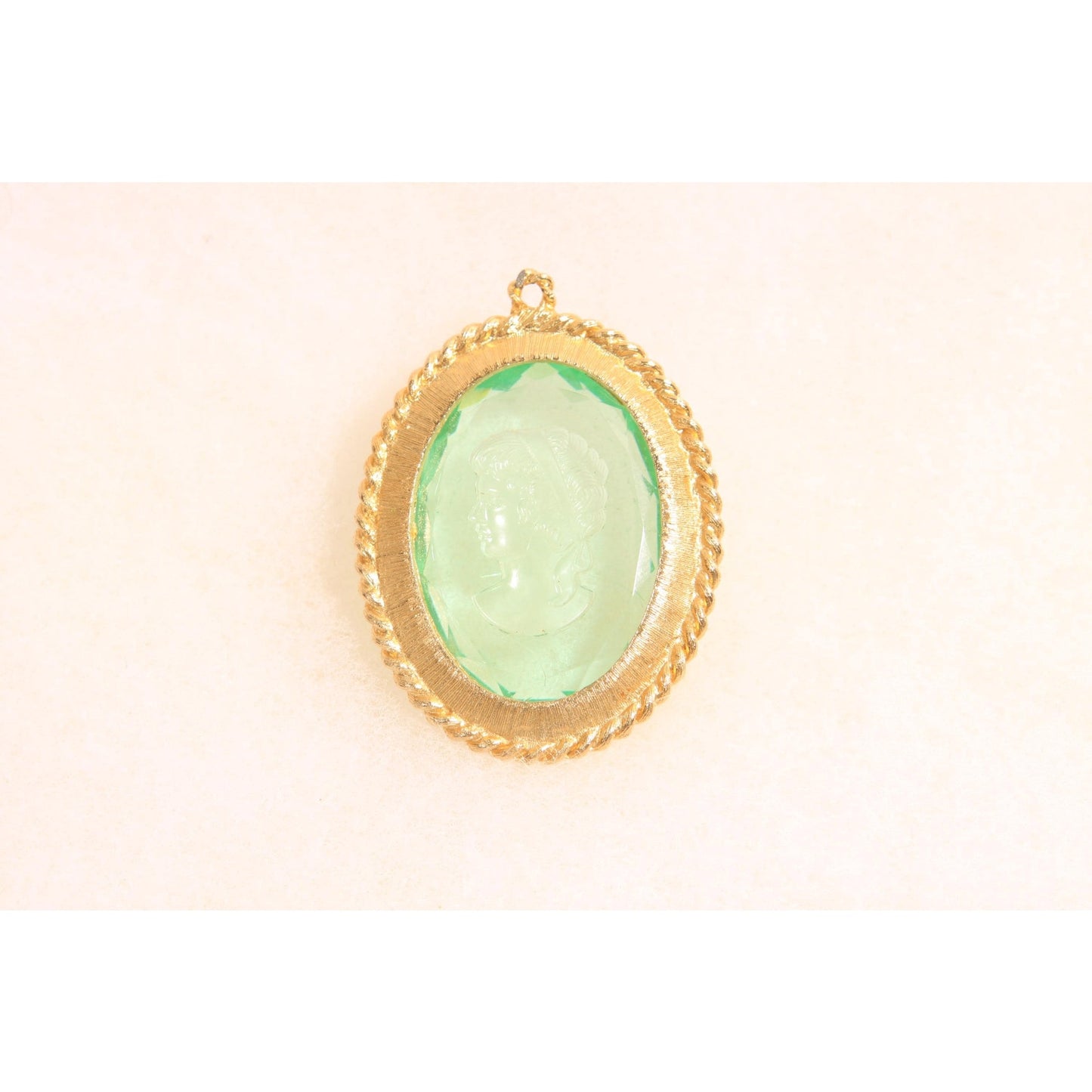 1970s Gold Tone Metal Blue Clear Glass Cameo Etched Glass Necklace Pendant