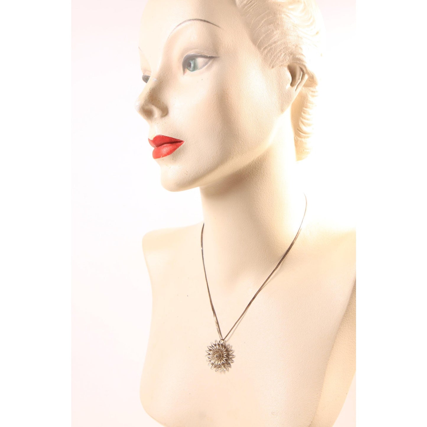 1950s Silver Tone Metal Filigree Floral Flower Brooch Pendant Necklace