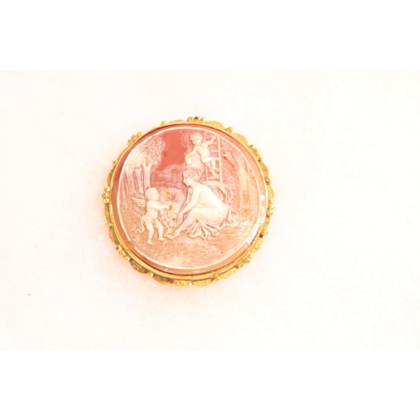 1960s 1970s Peach Pink and Cream Gold Tone Metal Cameo Woman and Cherub Cameo Brooch