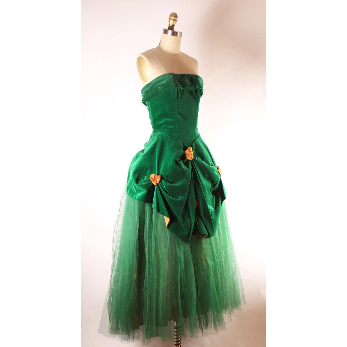 Late 1940s Early 1950s Emerald Green Velvet and Golden Yellow Gathered Bow Strapless Formal Prom Dress by Fred Perlberg -XS