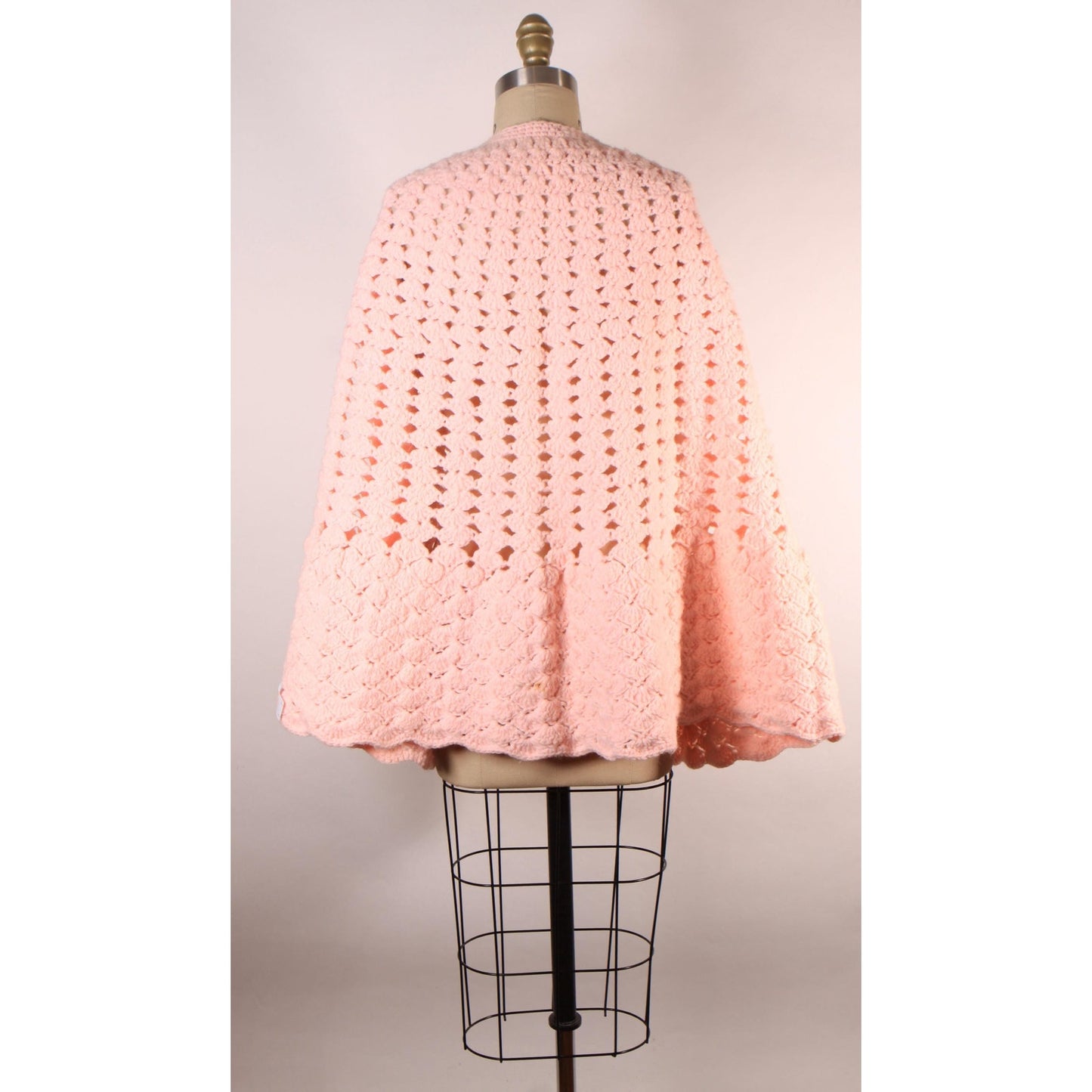 Late 1960s Early 1970s Pastel Pink Crochet Shawl Wrap