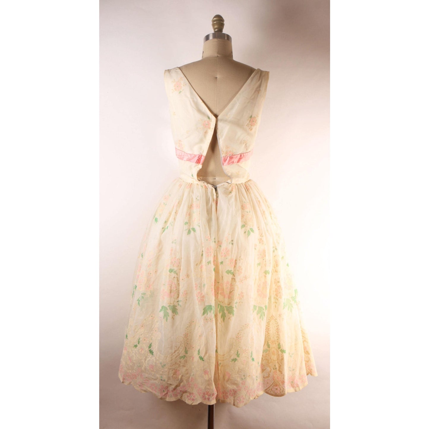 1950s Cream, Pink and Green Velvet Flocked Floral Pink Bow Detail Sleeveless Dress