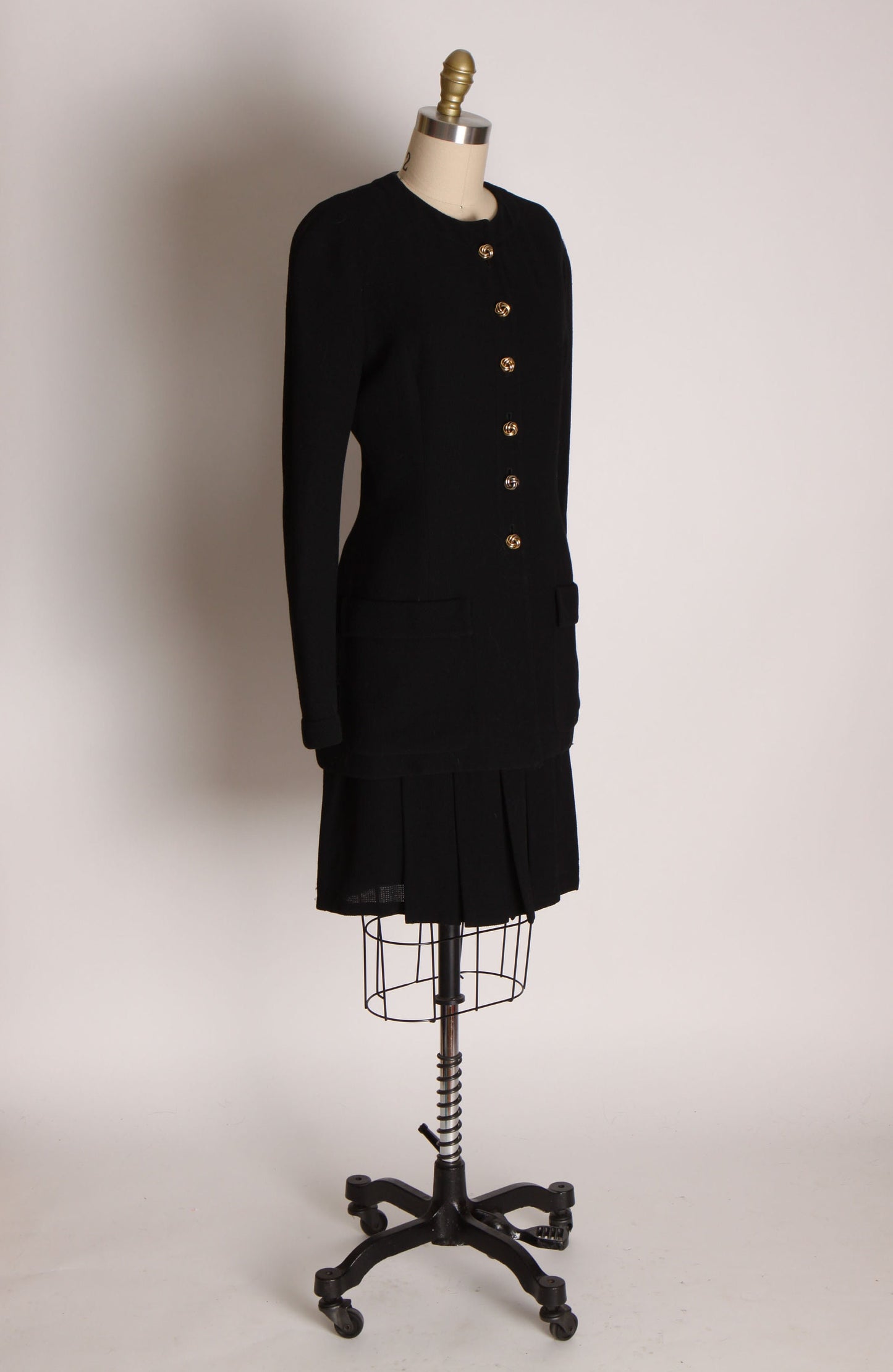 1980s Black Knit Gold Button Down Front Blazer Jacket with Matching Pleated Skirt Two Piece Skirt Suit by Valentino Boutique -M