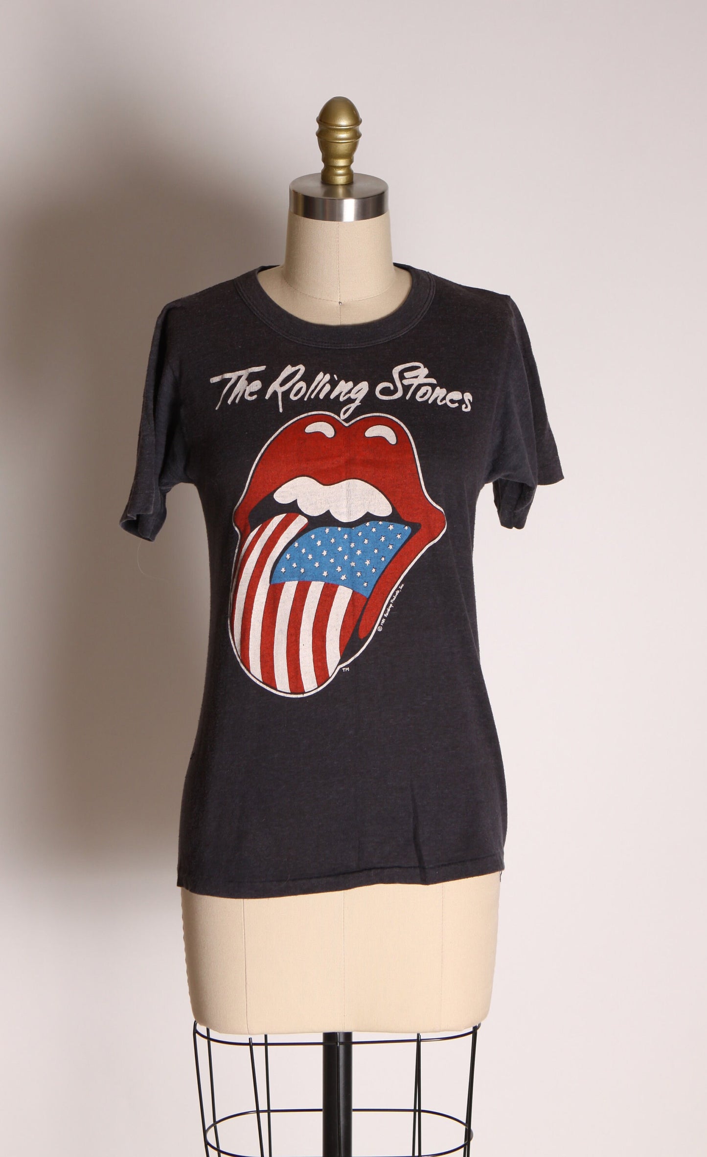 1981 1980s Black, Red, White and Blue Tongue American Flag Rolling Stones North American Tour Band Concert T Shirt -S