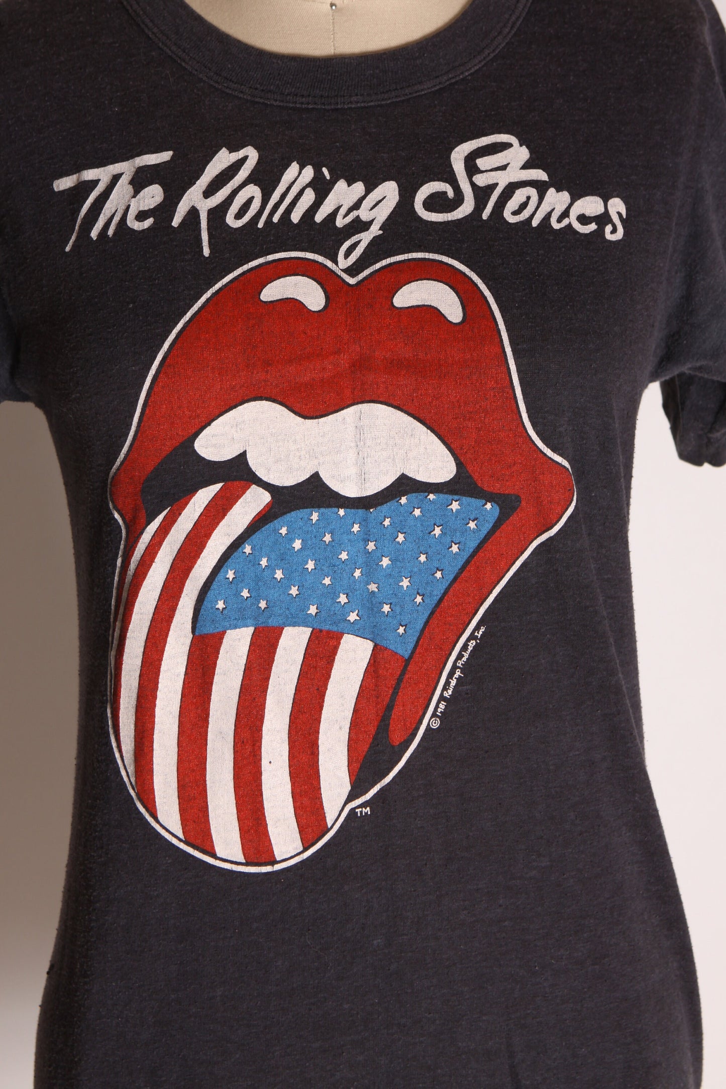 1981 1980s Black, Red, White and Blue Tongue American Flag Rolling Stones North American Tour Band Concert T Shirt -S