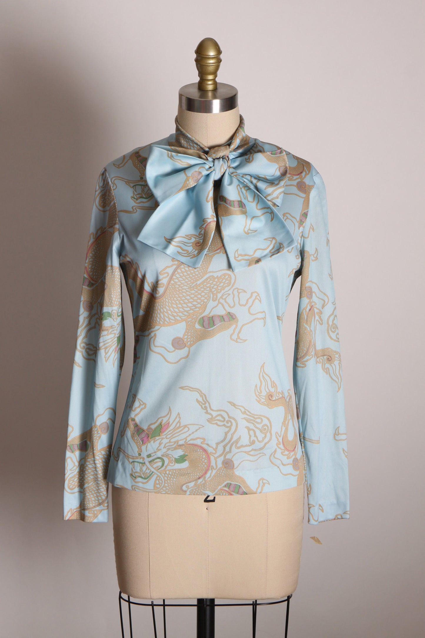 Deadstock Late 1960s Early 1970s Blue, Tan and Pink Novelty Dragon Long Sleeve Pussybow Blouse by Country Girl Bloomingdales -S