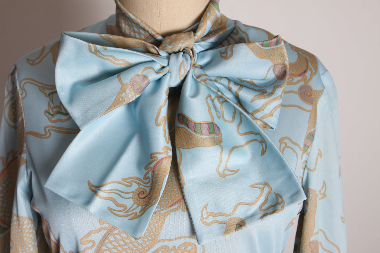 Deadstock Late 1960s Early 1970s Blue, Tan and Pink Novelty Dragon Long Sleeve Pussybow Blouse by Country Girl Bloomingdales -S