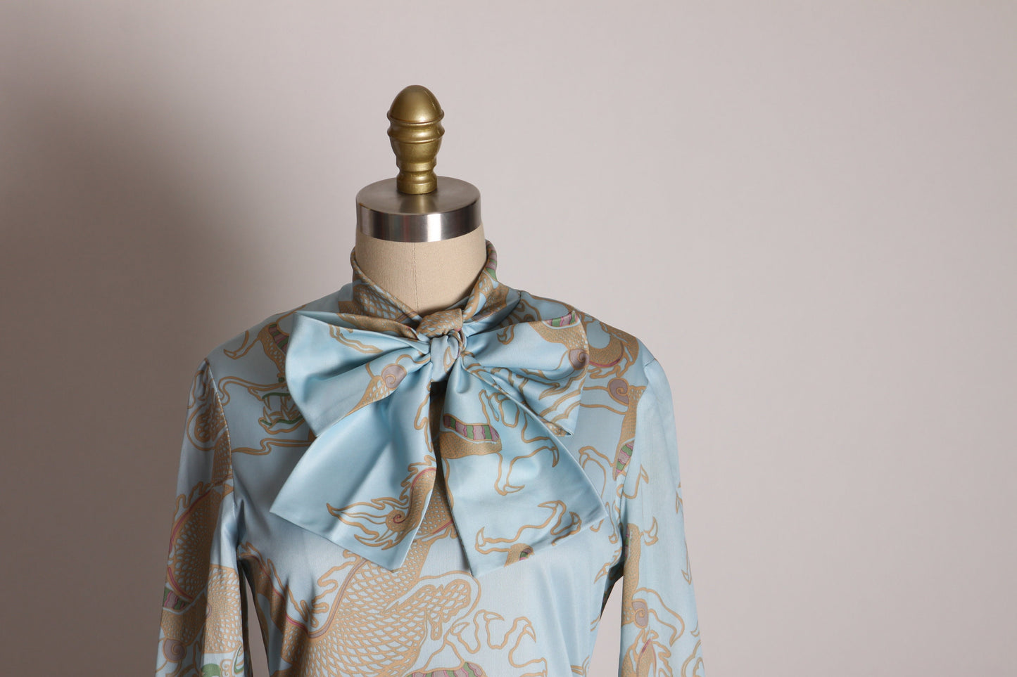 Deadstock Late 1960s Early 1970s Blue, Tan and Pink Novelty Dragon Long Sleeve Pussybow Blouse by Country Girl Bloomingdales -S