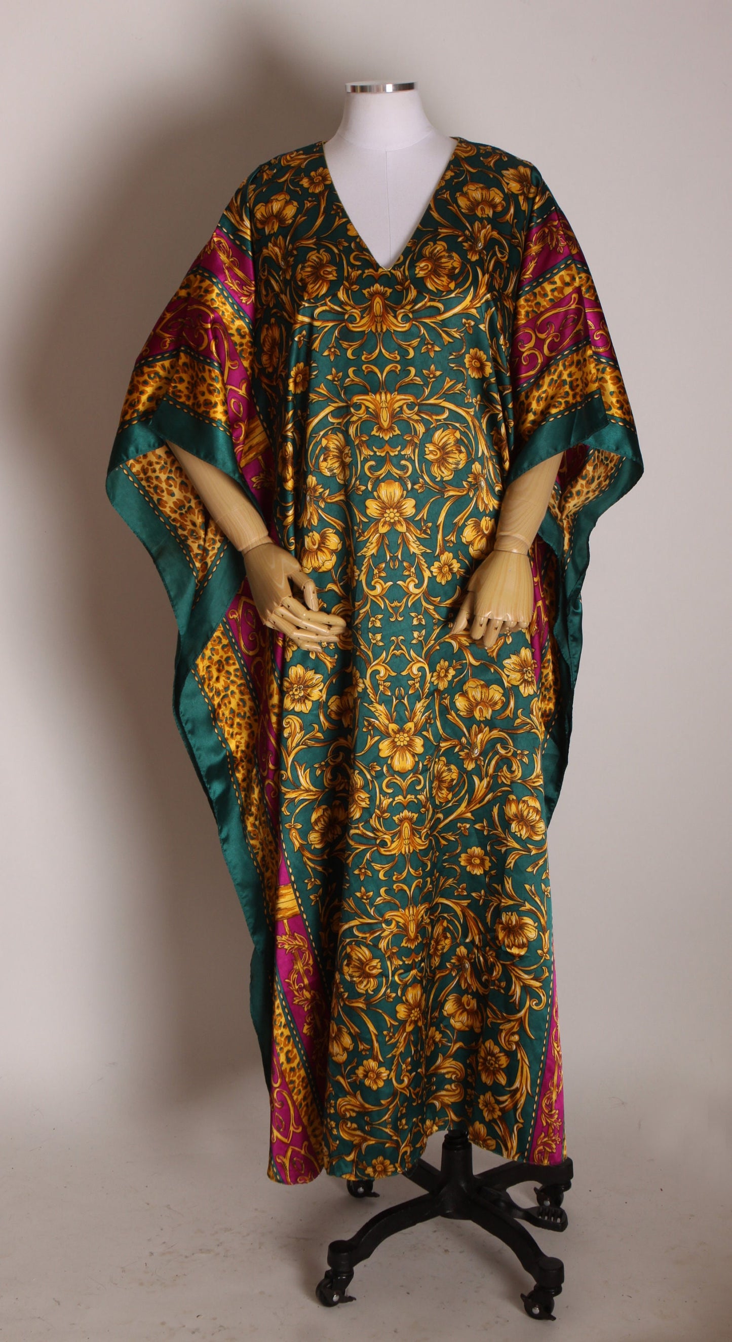 1980s Burgundy, Green and Gold Abstract Swirl Flower Pattern Caftan Dress by Winlar
