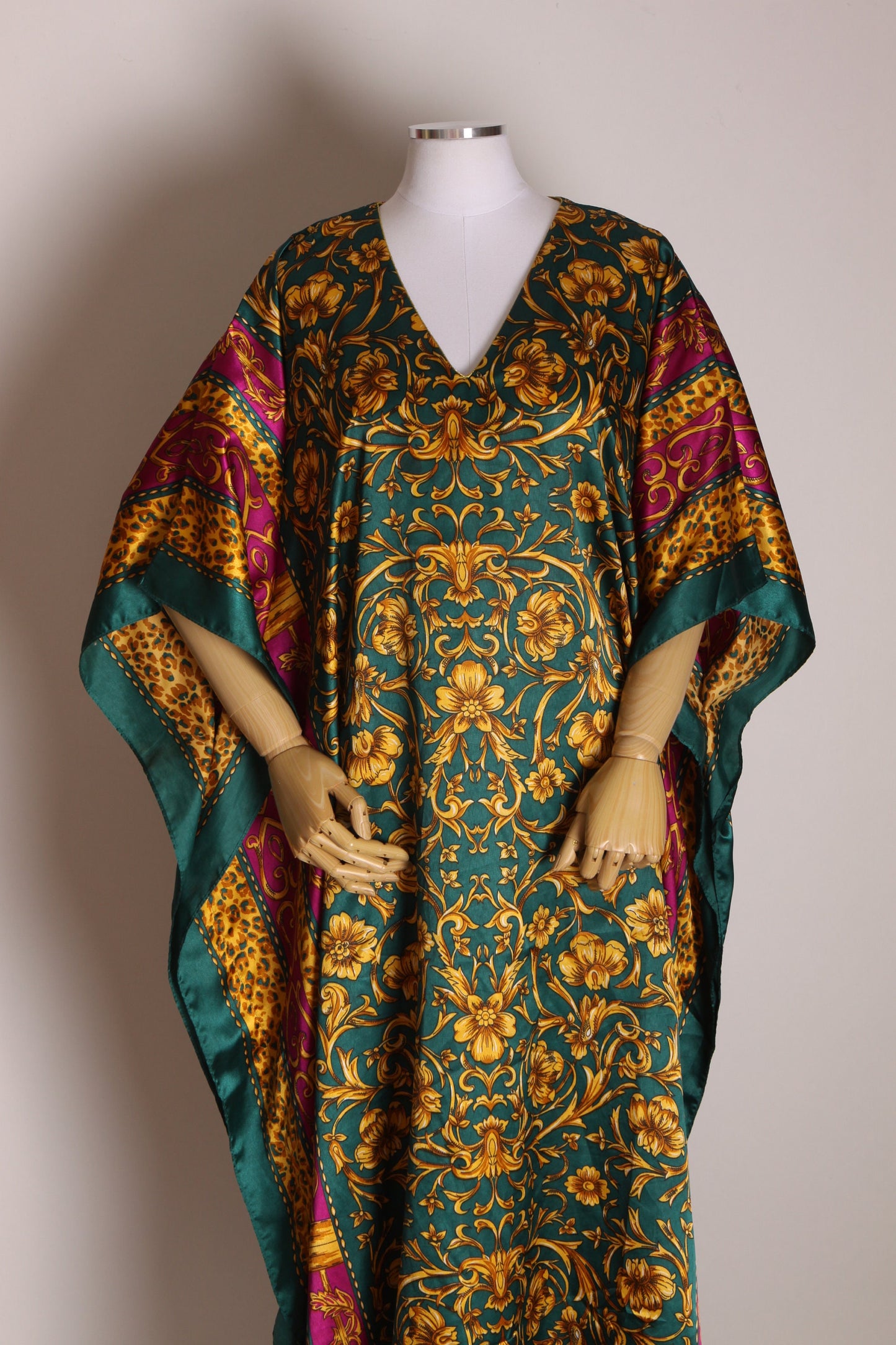 1980s Burgundy, Green and Gold Abstract Swirl Flower Pattern Caftan Dress by Winlar