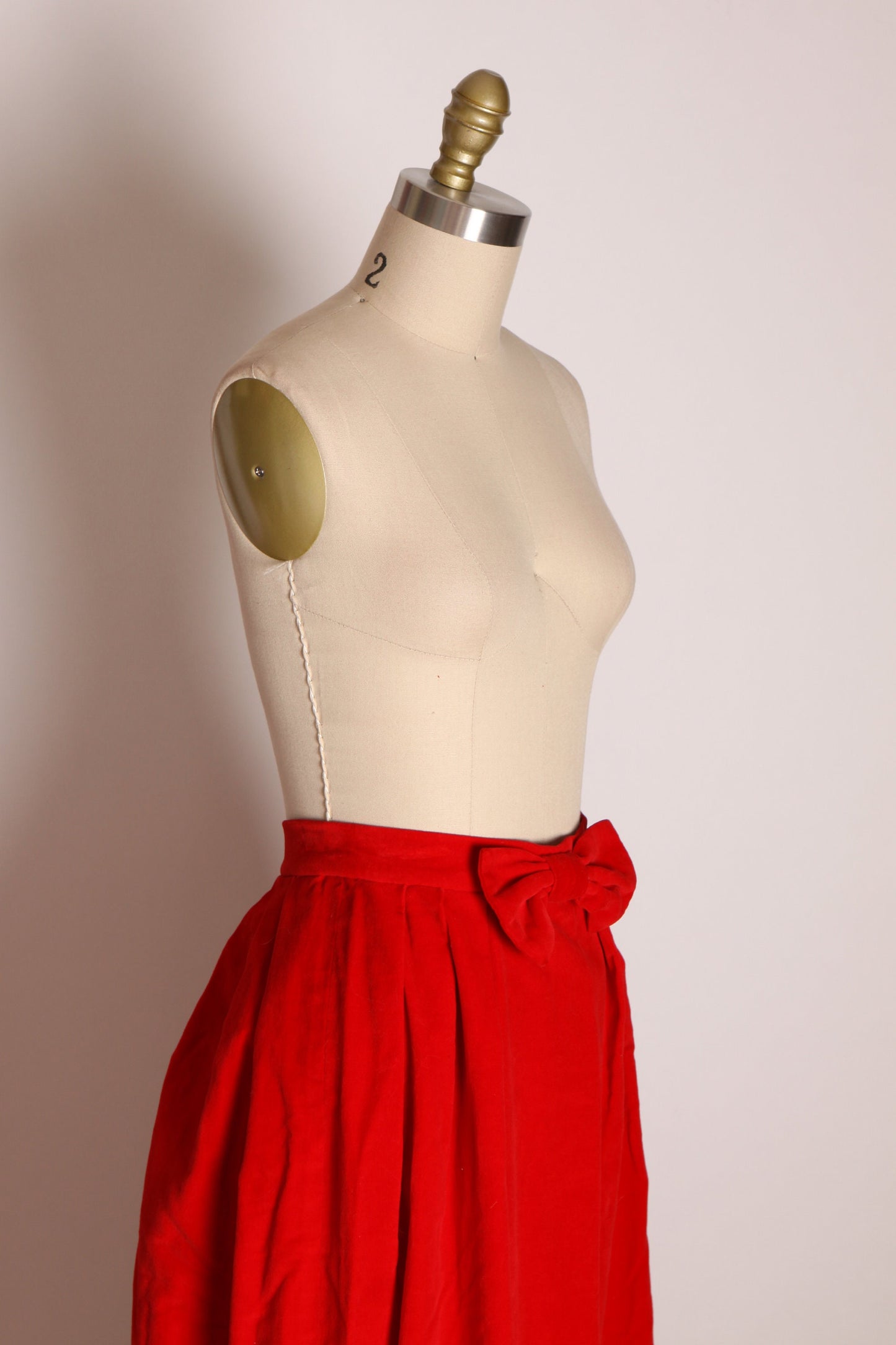 1960s Red Velvet High Waisted Bow Detail Ankle Length Skirt -XS
