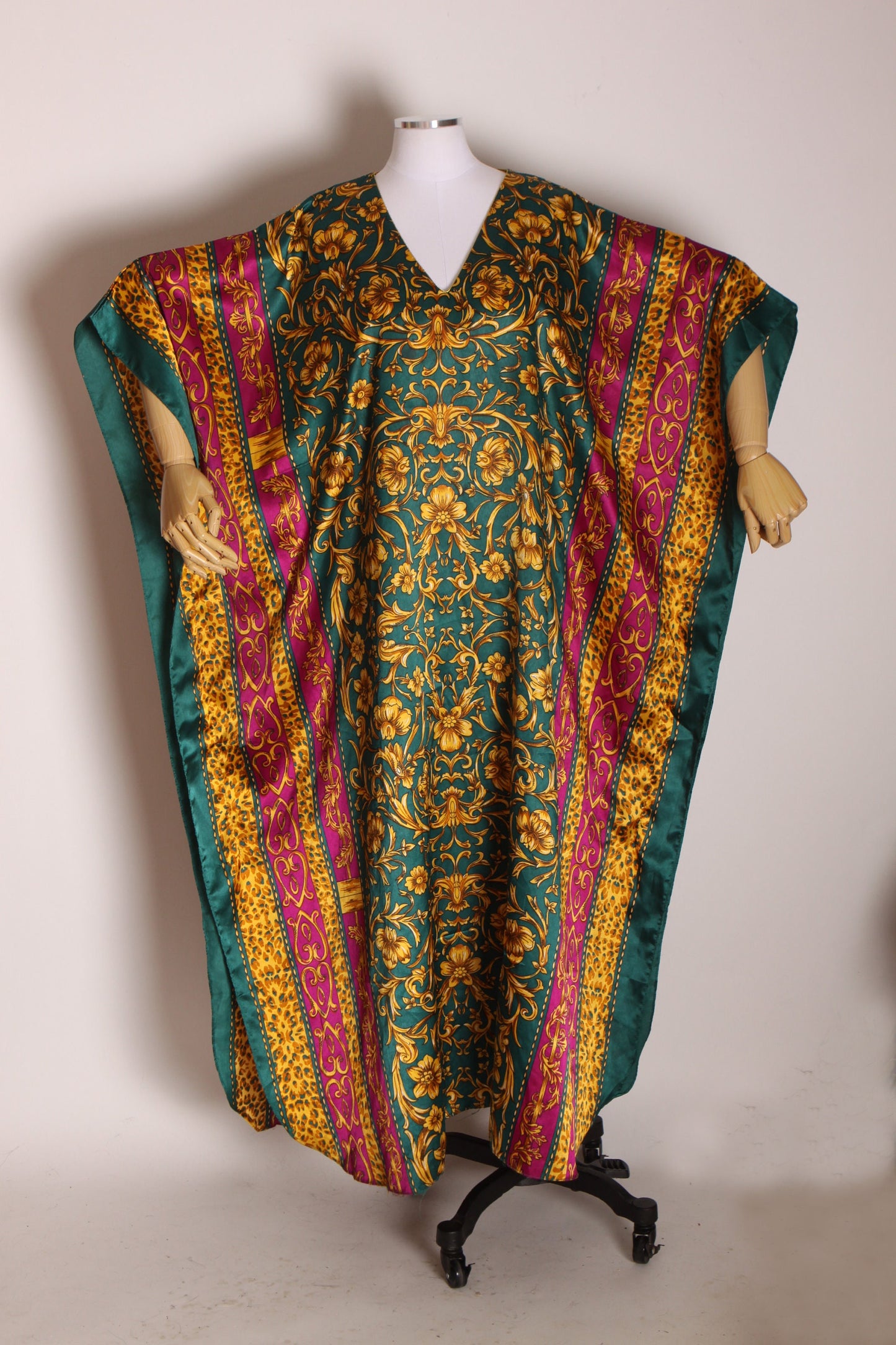 1980s Burgundy, Green and Gold Abstract Swirl Flower Pattern Caftan Dress by Winlar