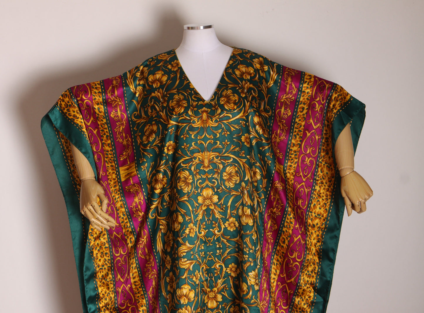 1980s Burgundy, Green and Gold Abstract Swirl Flower Pattern Caftan Dress by Winlar