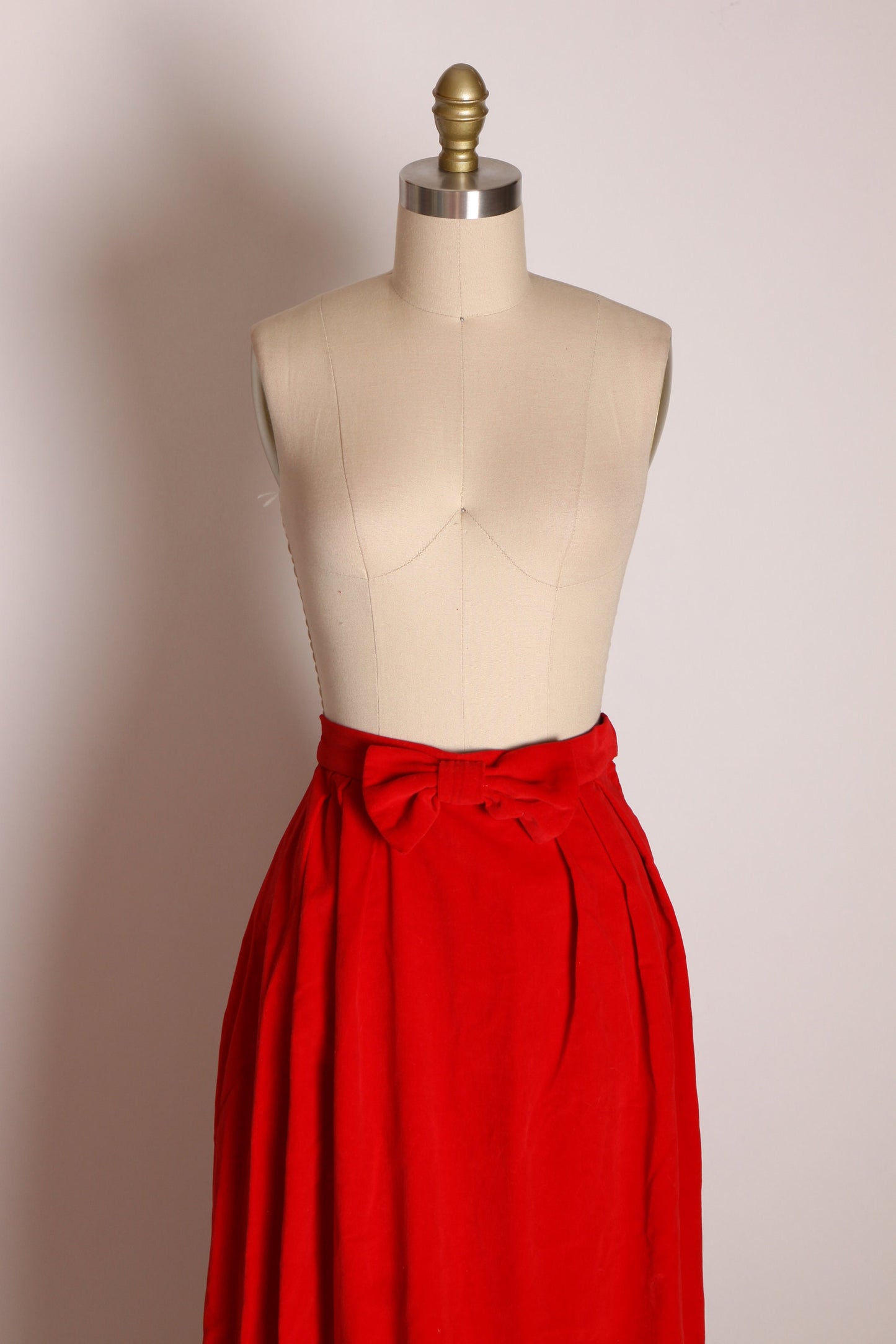 1960s Red Velvet High Waisted Bow Detail Ankle Length Skirt -XS