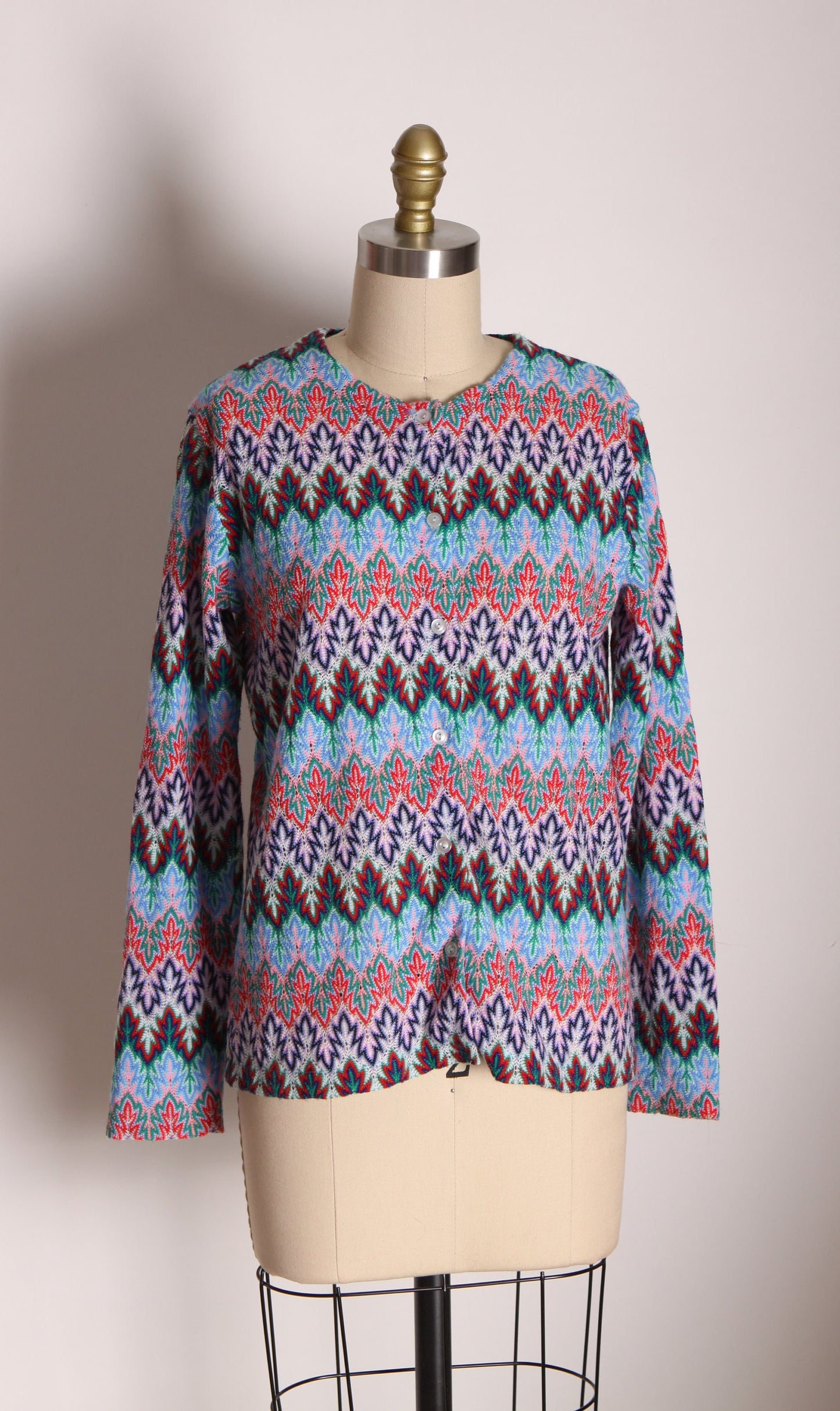 1960s Multi-Colored Bracelet Sleeve Zig Zag Acrylic Cardigan Sweater by English Village -M