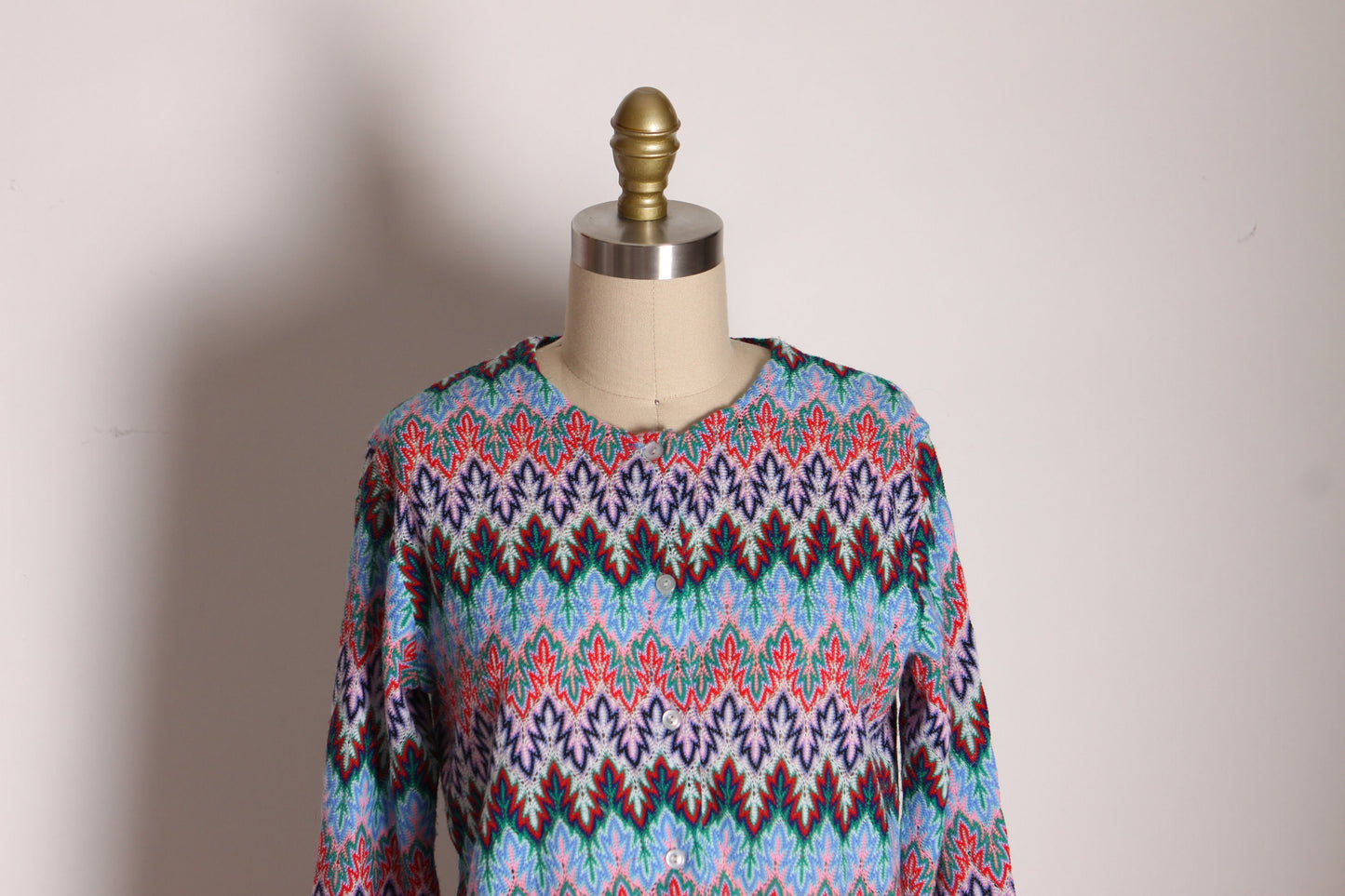1960s Multi-Colored Bracelet Sleeve Zig Zag Acrylic Cardigan Sweater by English Village -M