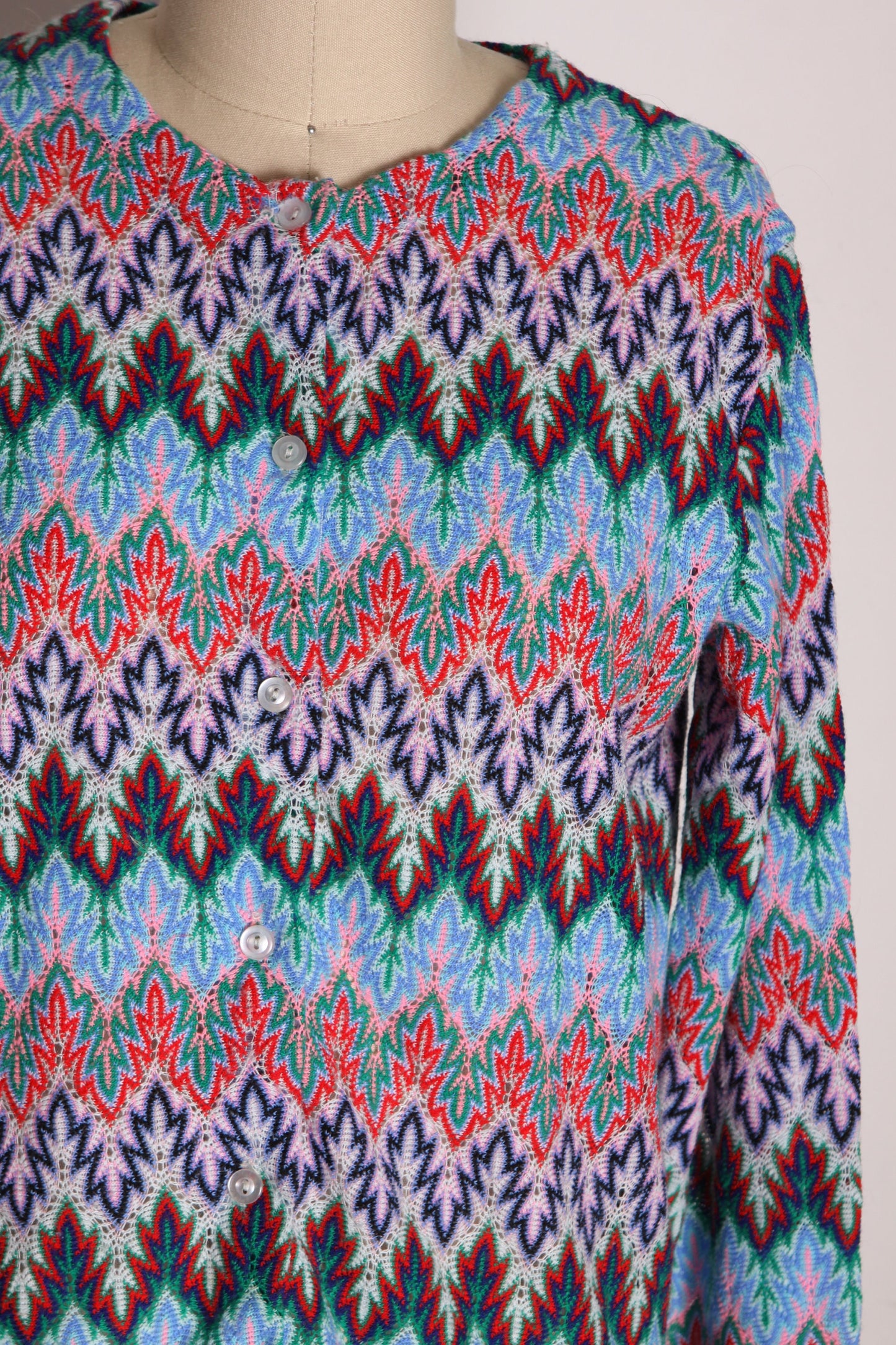 1960s Multi-Colored Bracelet Sleeve Zig Zag Acrylic Cardigan Sweater by English Village -M