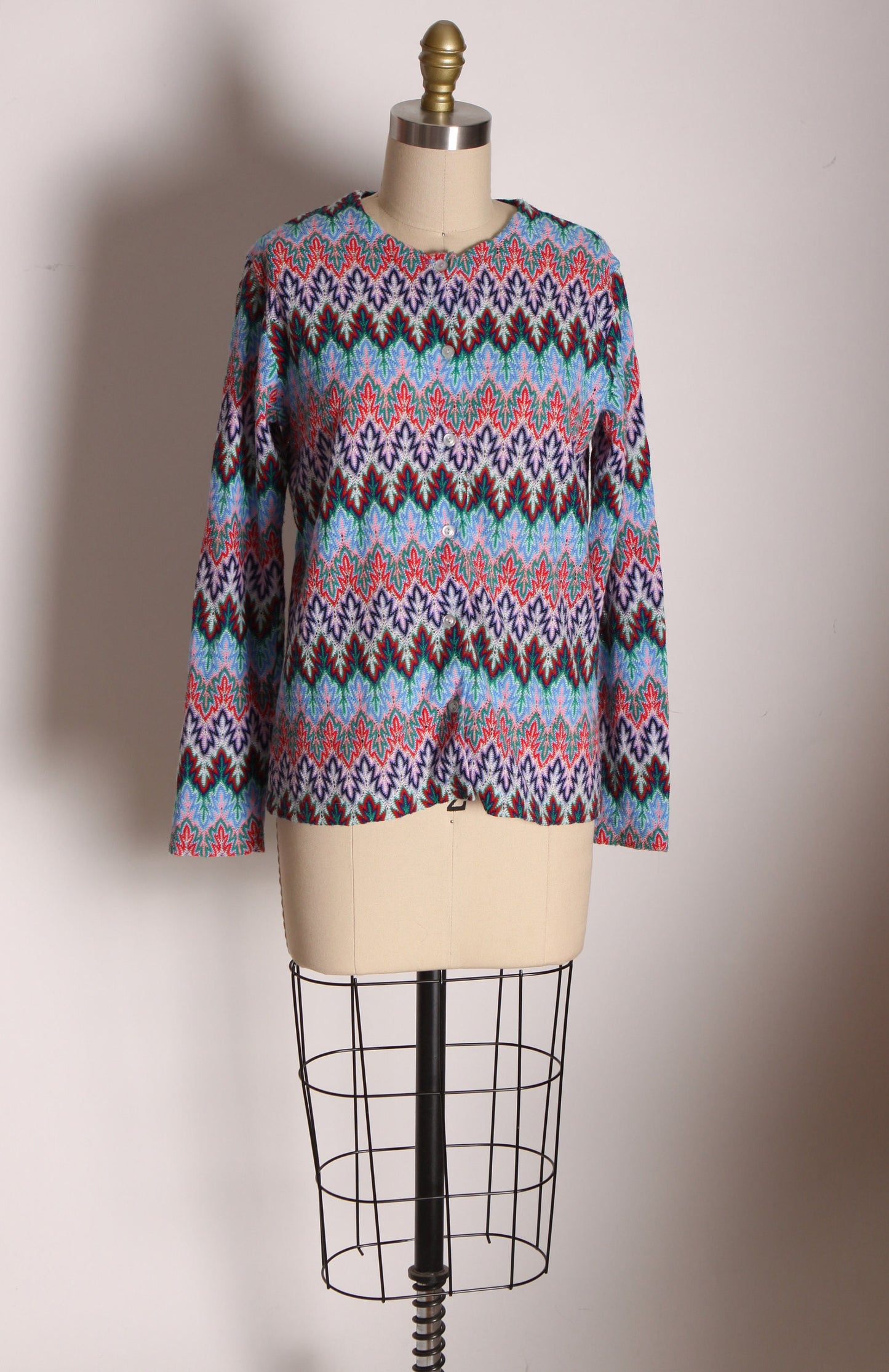 1960s Multi-Colored Bracelet Sleeve Zig Zag Acrylic Cardigan Sweater by English Village -M