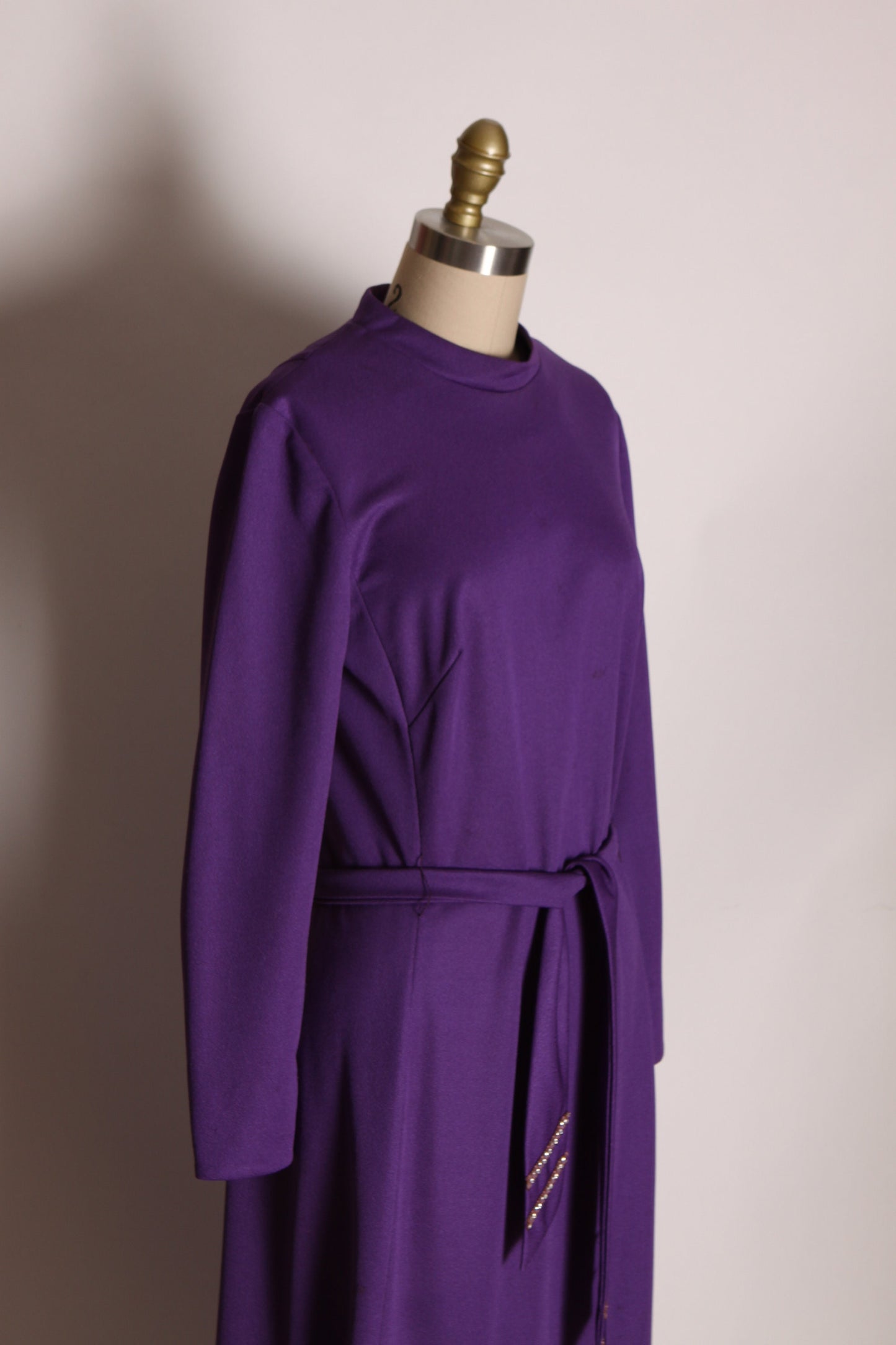 1970s Purple Long Sleeve Ruffle Hem Full Length Rhinestone Belted Dress by Edith Flagg -M