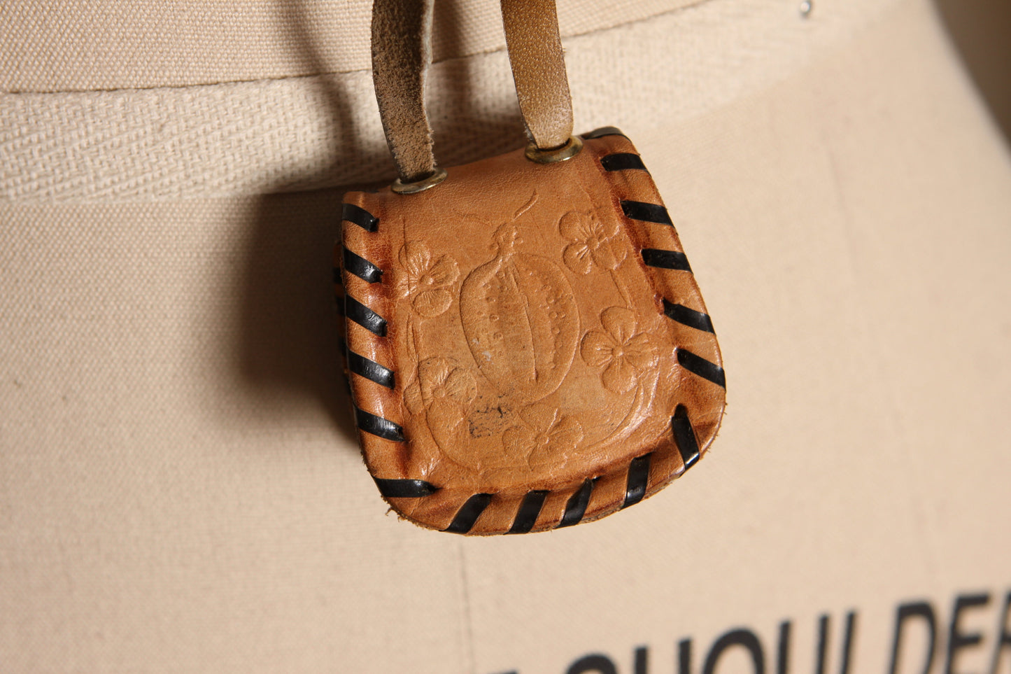 Deadstock 1970s Leather Tooled Cord Mushroom, Bird, Apple, Mouse and Floral Medicine Bag Leather Necklace Snap Pouch