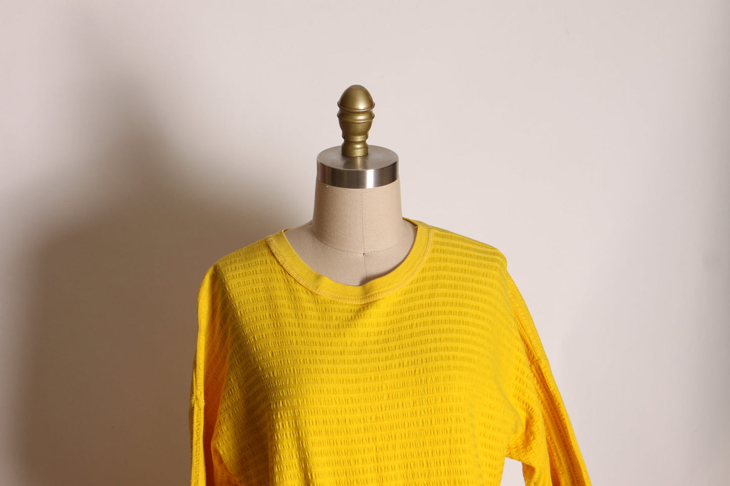 1970s Yellow Textured Cotton Half Sleeve Drawstring Waist Dress by Neiman Marcus -L