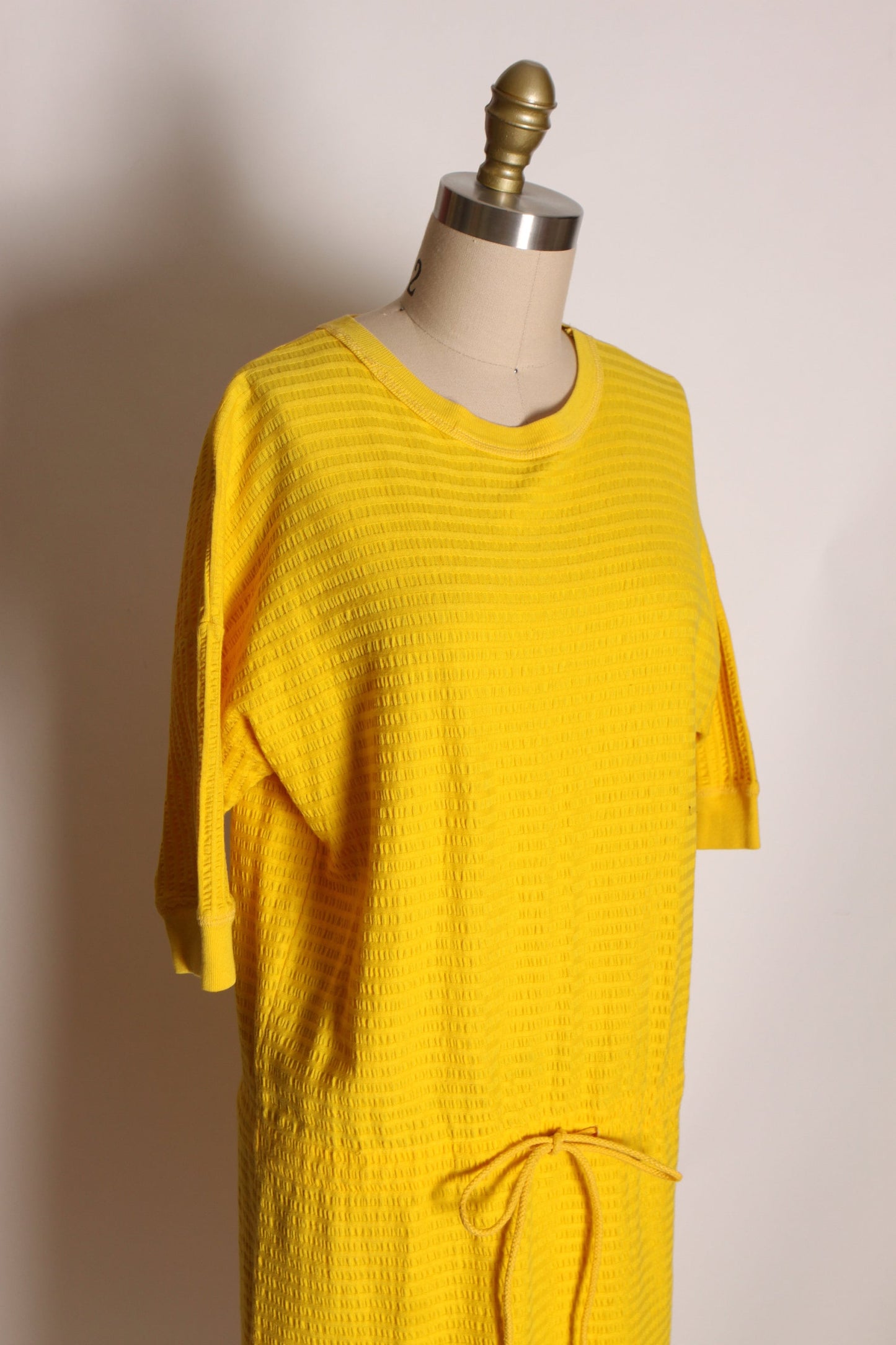 1970s Yellow Textured Cotton Half Sleeve Drawstring Waist Dress by Neiman Marcus -L