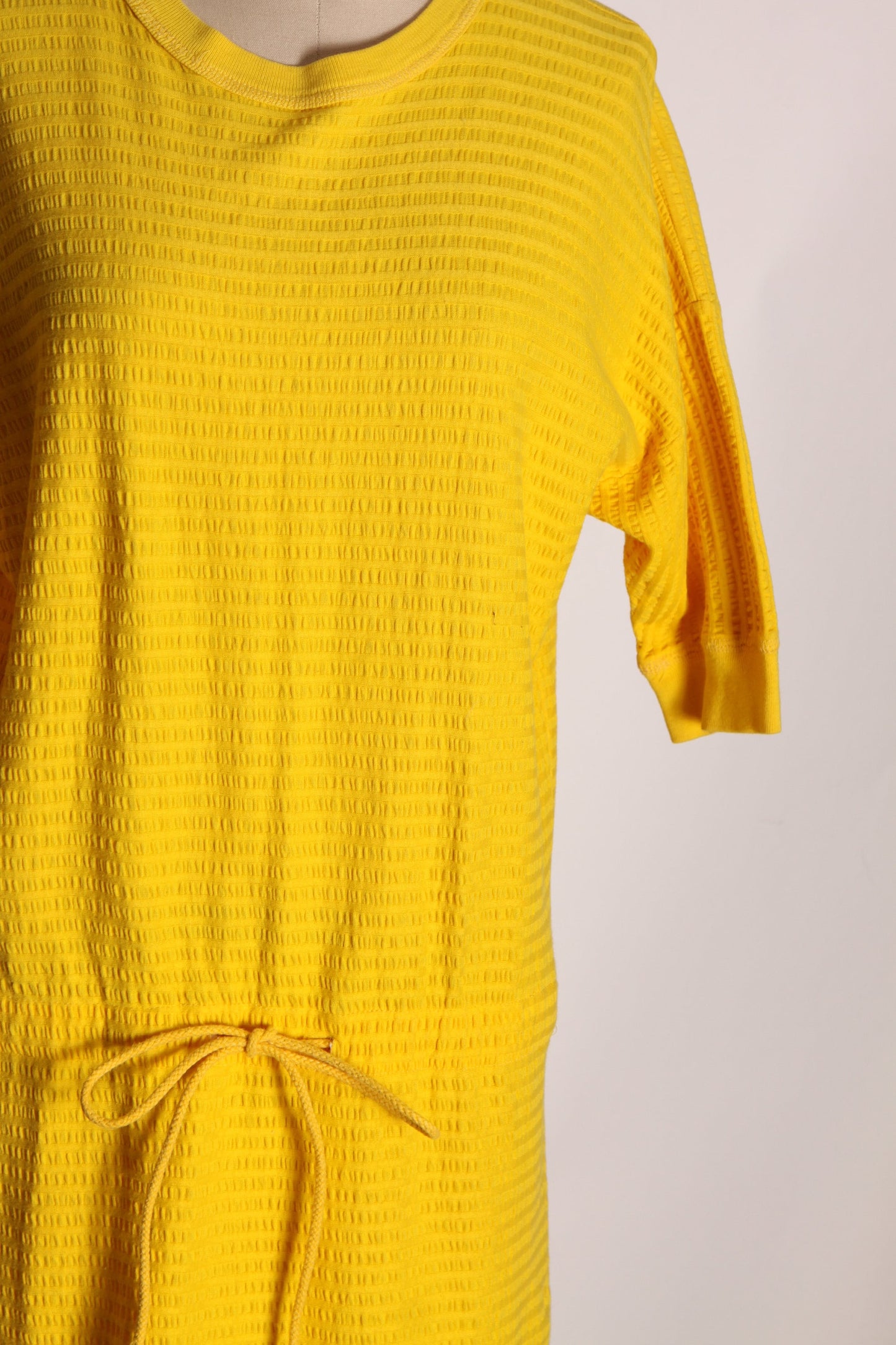 1970s Yellow Textured Cotton Half Sleeve Drawstring Waist Dress by Neiman Marcus -L