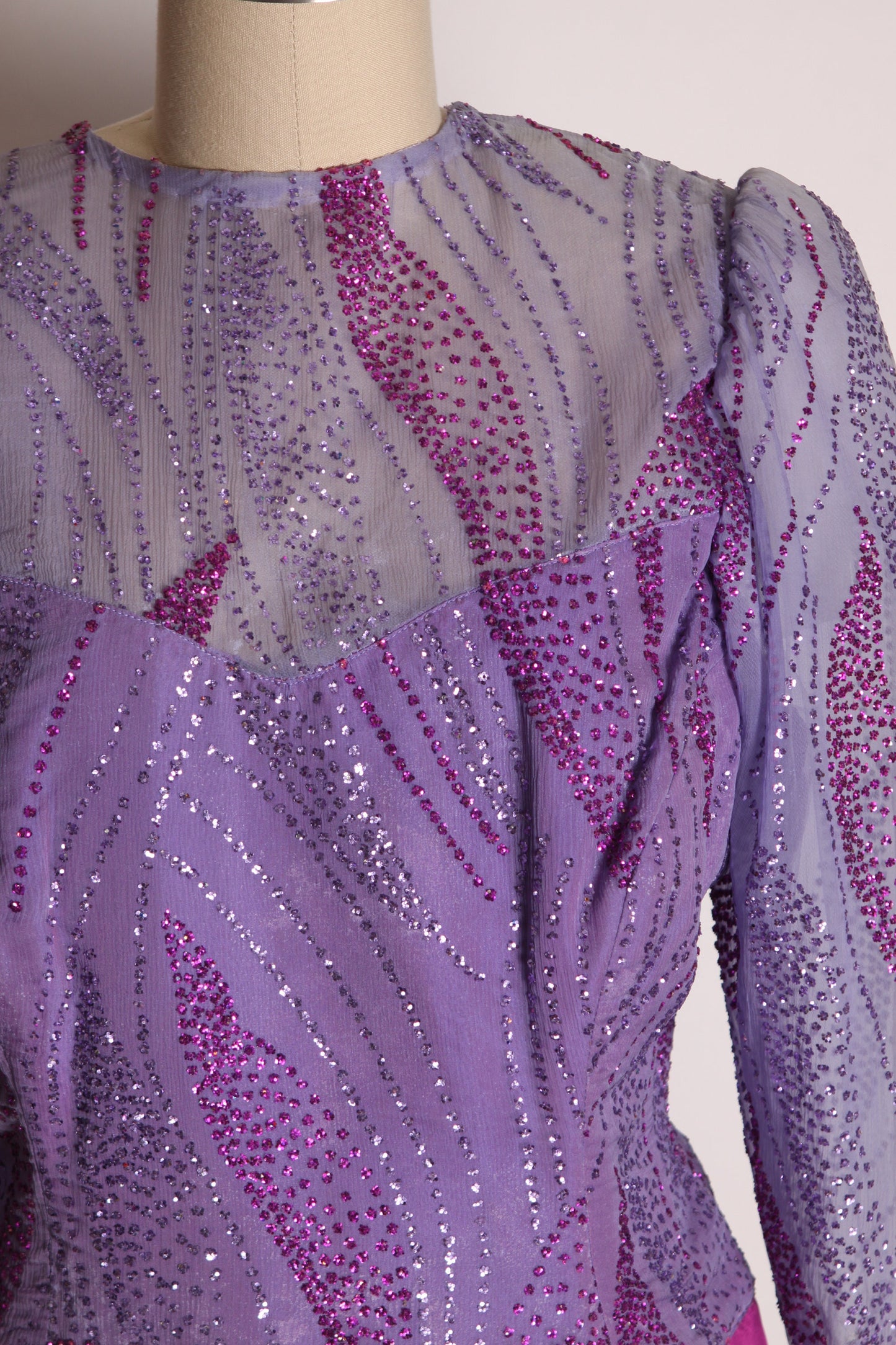 1970s Purple Sharkskin and Glitter Long Sleeve Party Dress -L