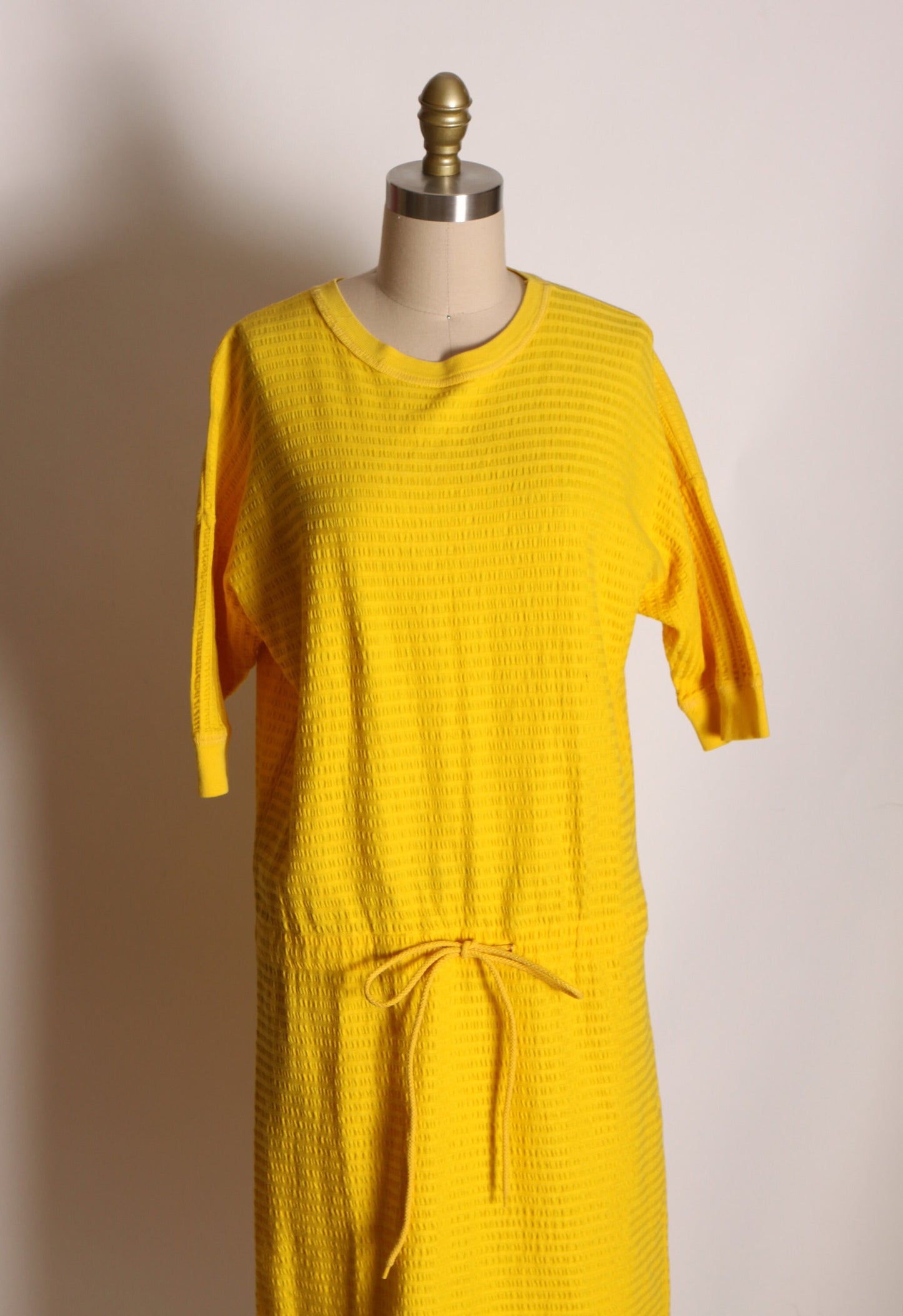1970s Yellow Textured Cotton Half Sleeve Drawstring Waist Dress by Neiman Marcus -L