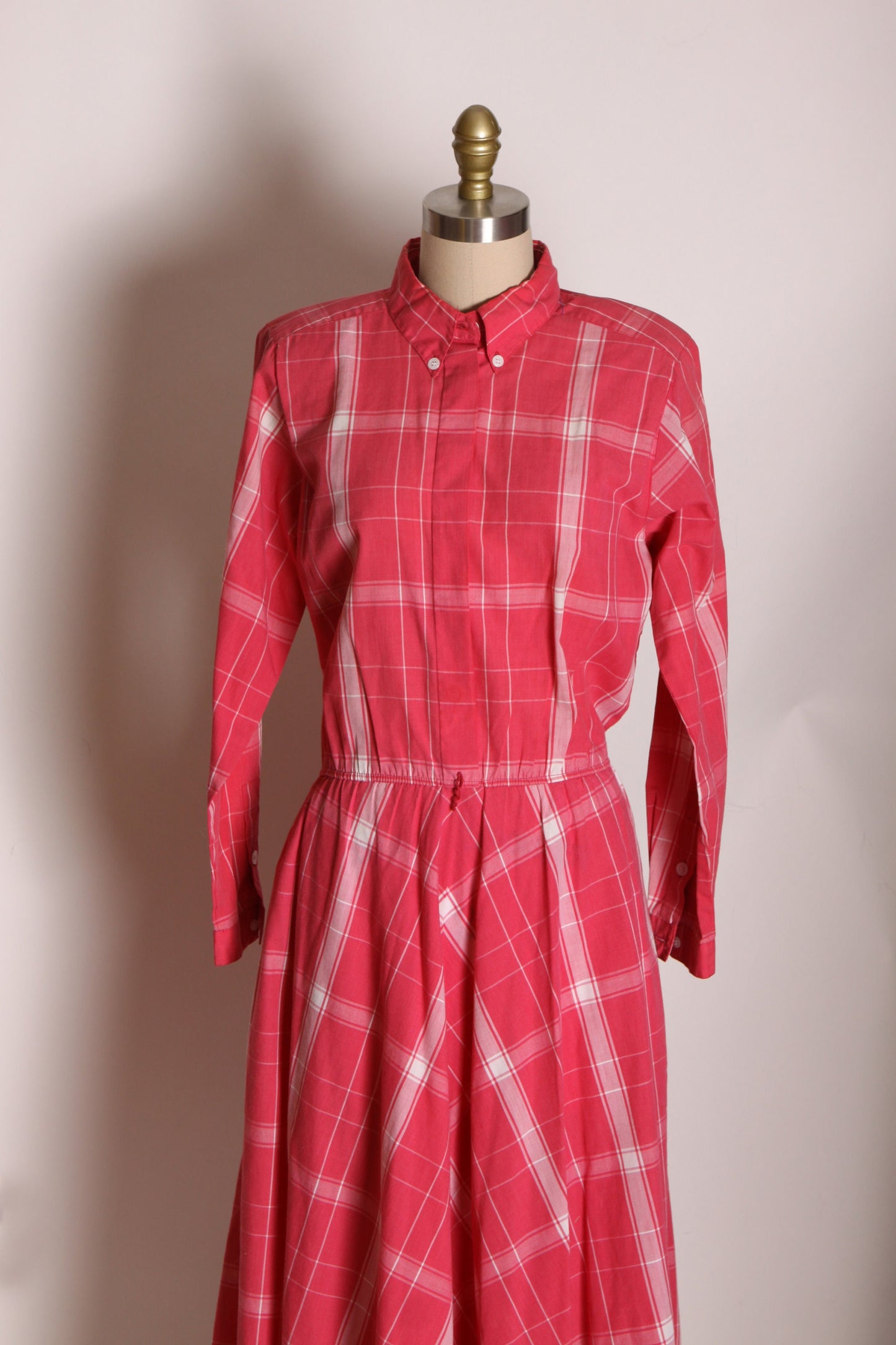 1980s Pink Raspberry and White Plaid Long Sleeve Button Up Shirtwaist Dress -L