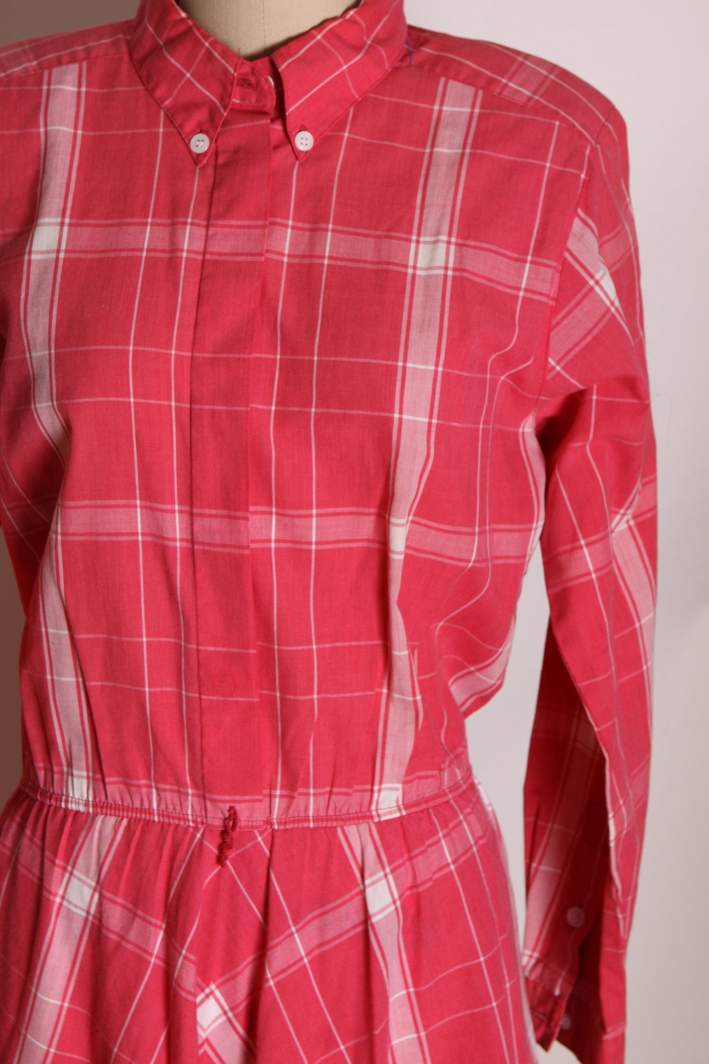 1980s Pink Raspberry and White Plaid Long Sleeve Button Up Shirtwaist Dress -L
