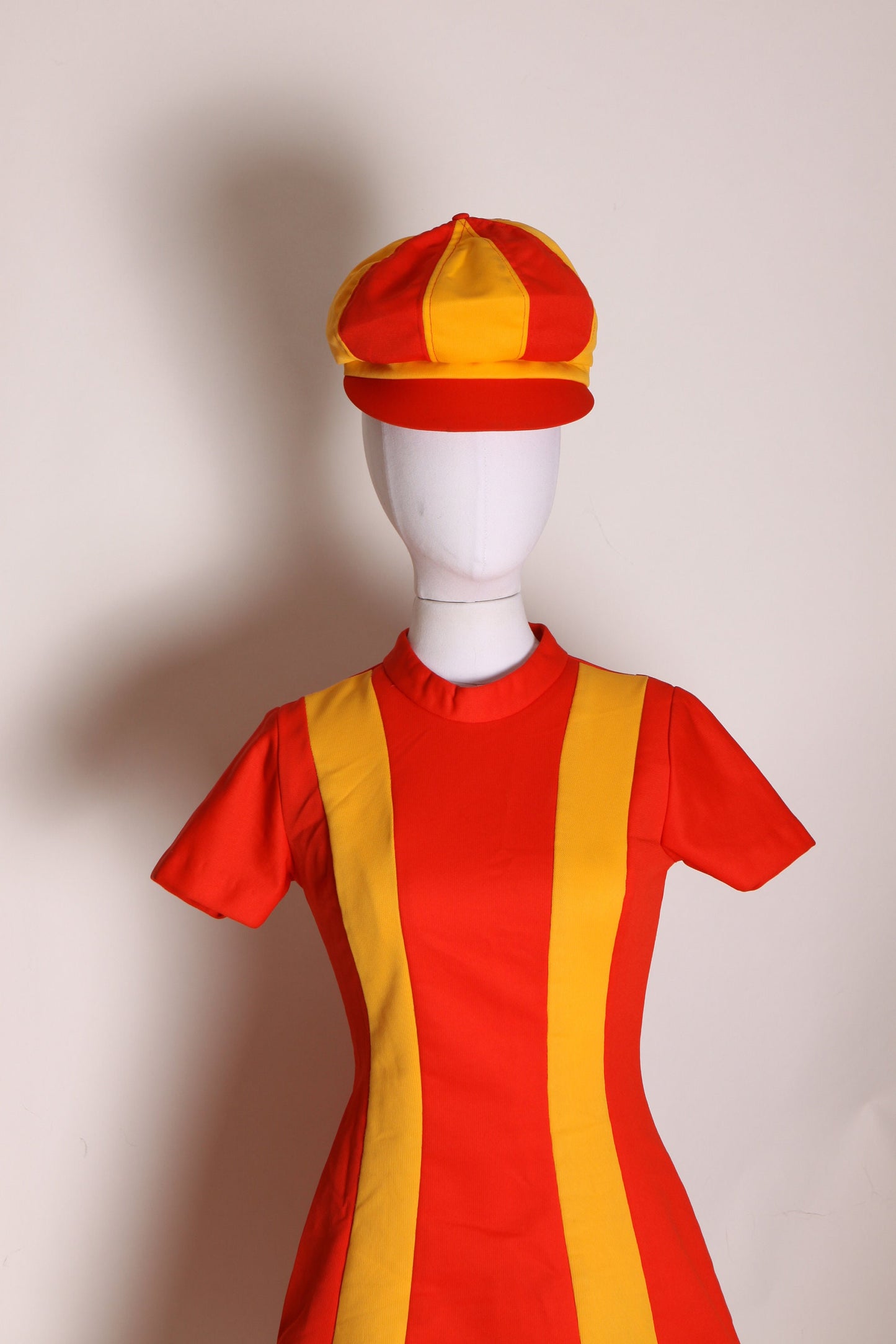 1970s Ketchup Red and Mustard Yellow Striped Mod Burger King Uniform Mini Dress with Matching Hat Uniform by Pretti Careers -XS