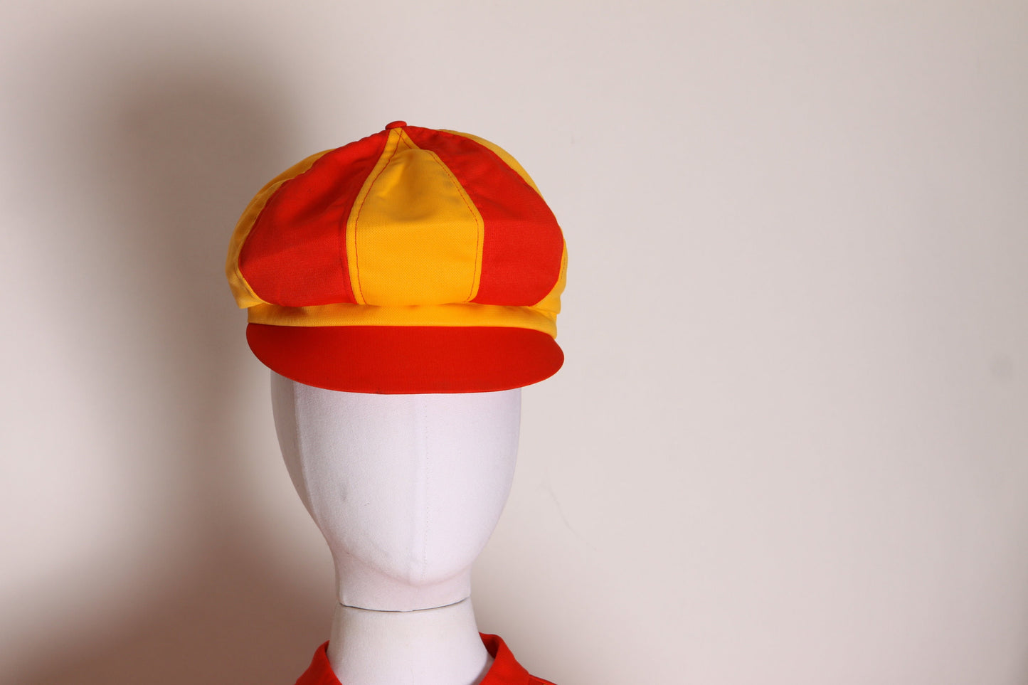 1970s Ketchup Red and Mustard Yellow Striped Mod Burger King Uniform Mini Dress with Matching Hat Uniform by Pretti Careers -XS
