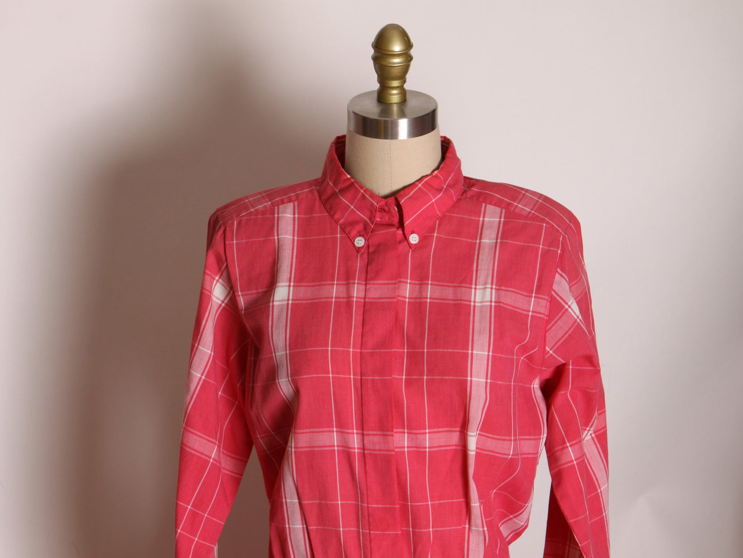 1980s Pink Raspberry and White Plaid Long Sleeve Button Up Shirtwaist Dress -L