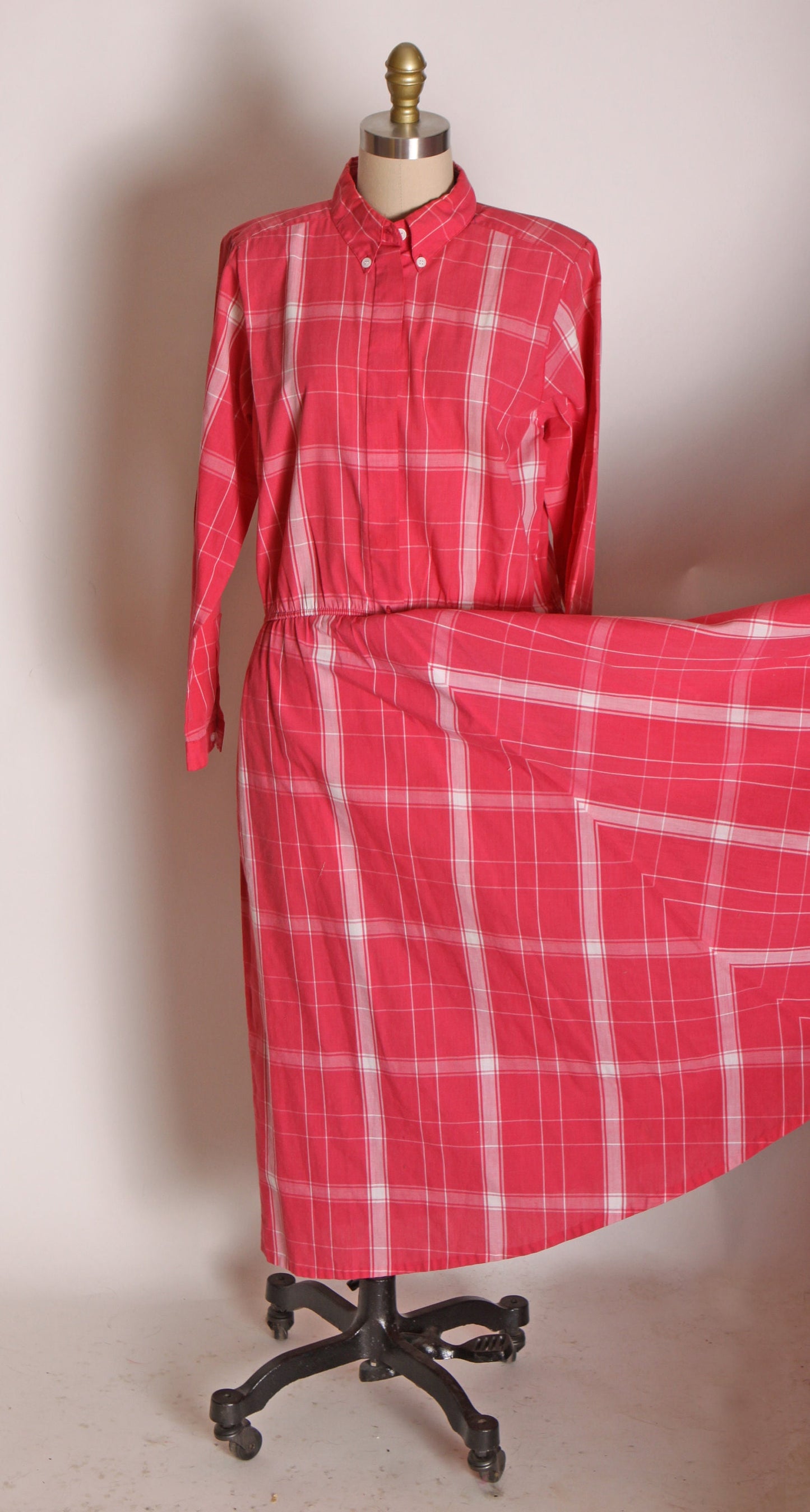 1980s Pink Raspberry and White Plaid Long Sleeve Button Up Shirtwaist Dress -L