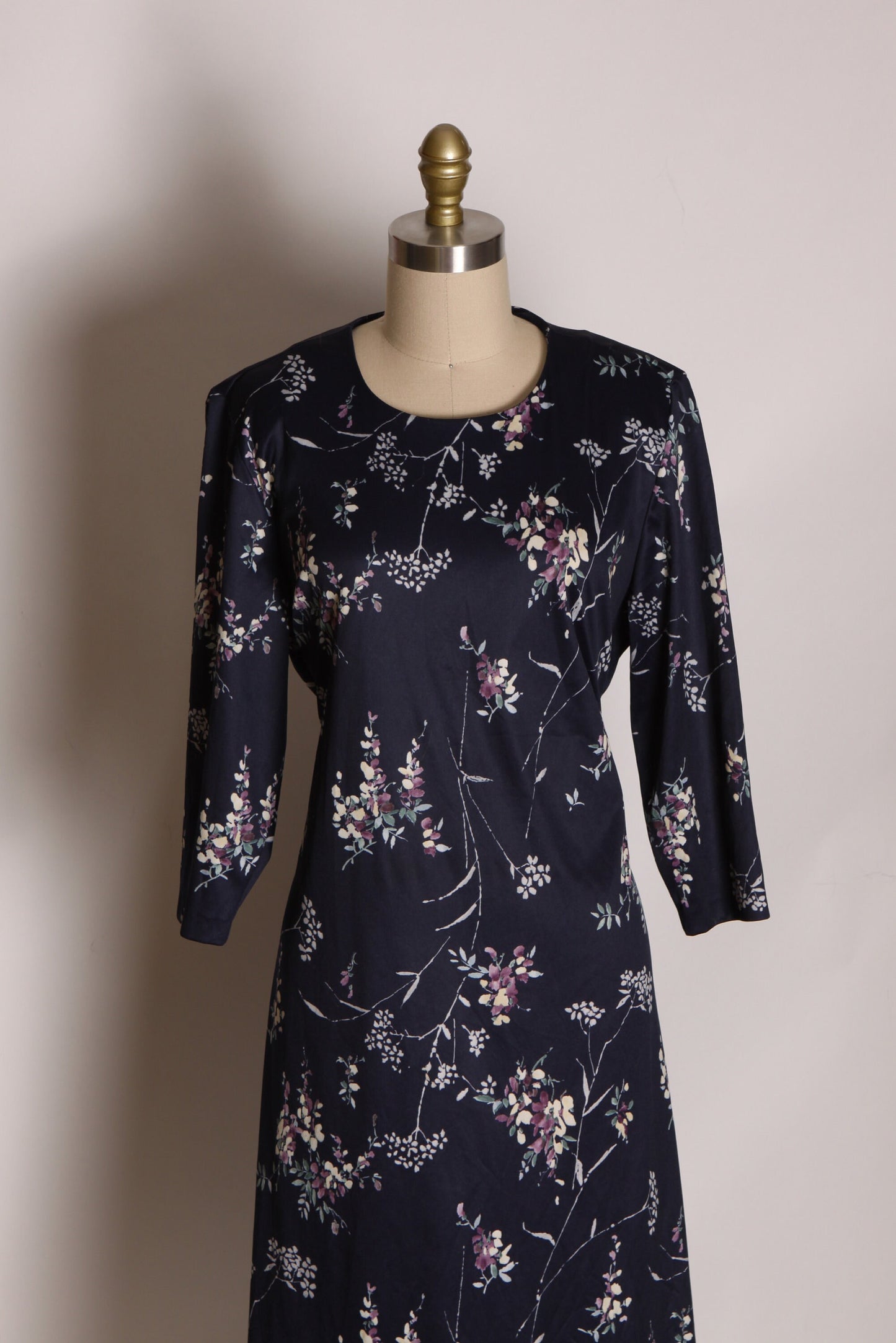 1970s Navy Blue and White Floral 3/4 Length Sleeve Tie Back Dress by Anthony Richards -1XL