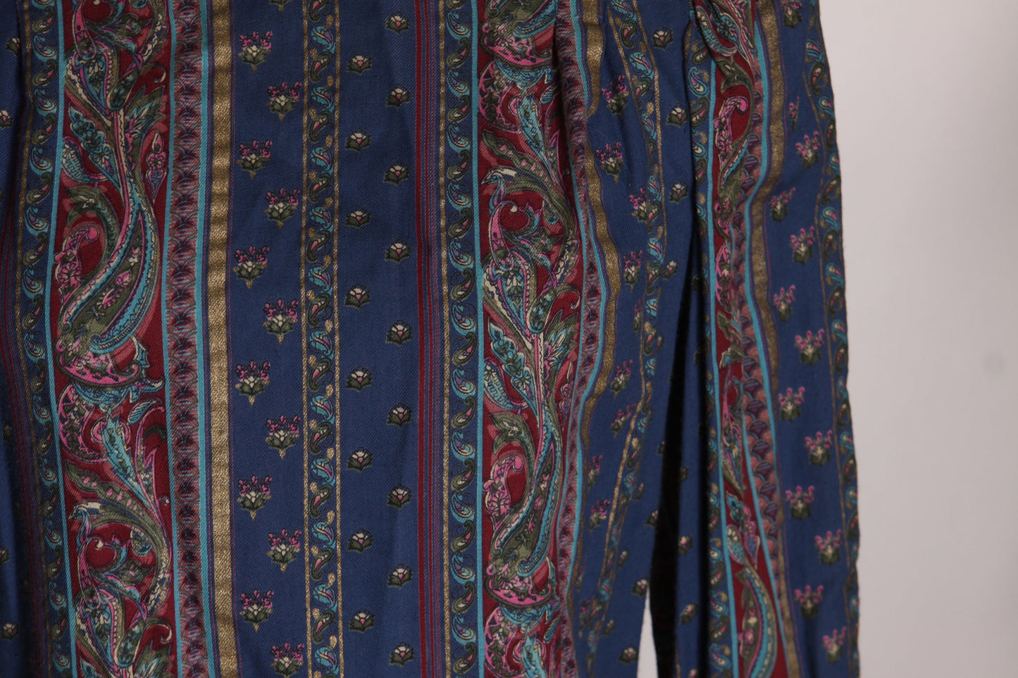 1970s Dark Blue, Tan and Burgundy Striped Paisley Long Sleeve Dress by Belle France -M