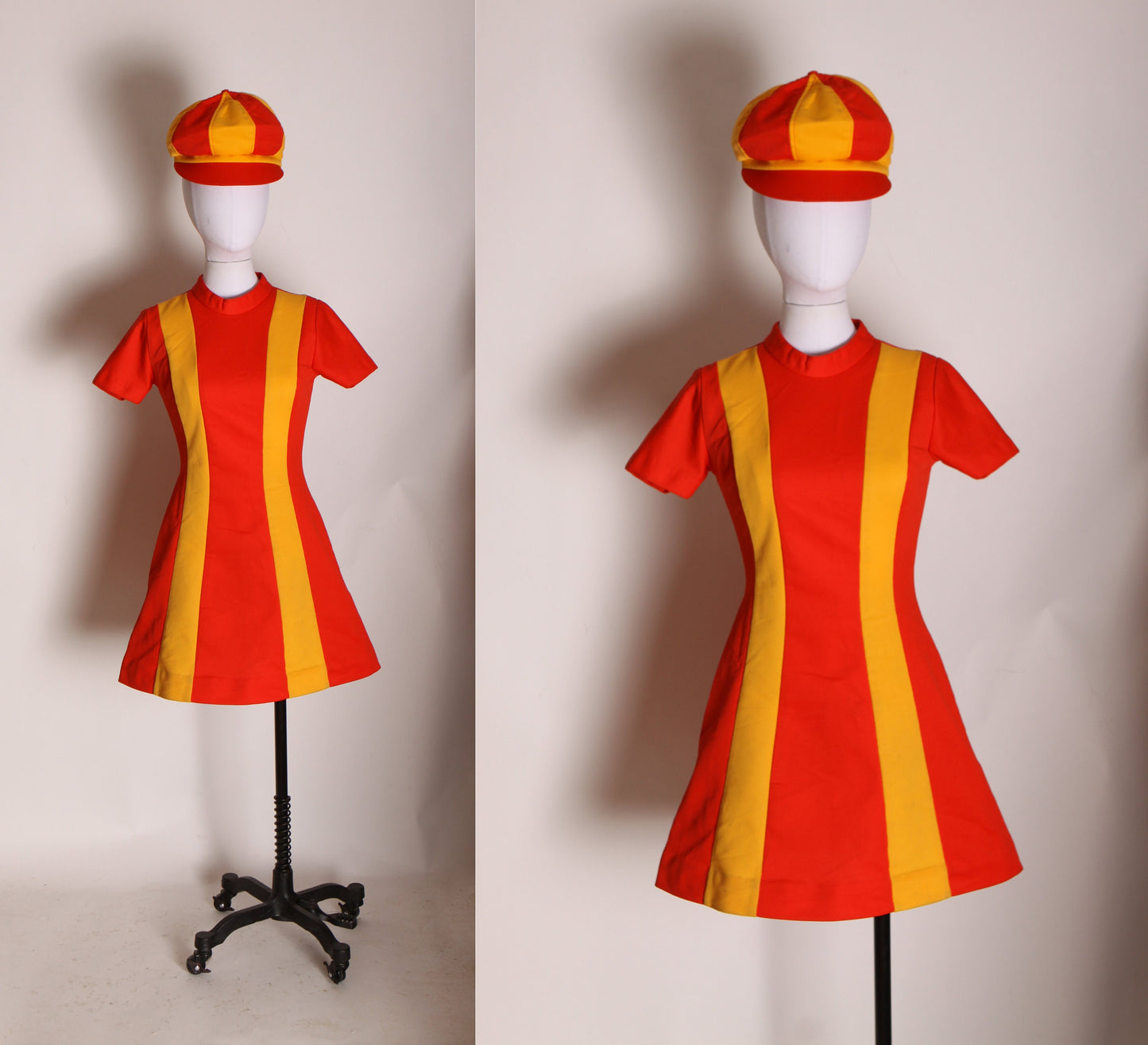 1970s Ketchup Red and Mustard Yellow Striped Mod Burger King Uniform Mini Dress with Matching Hat Uniform by Pretti Careers -XS