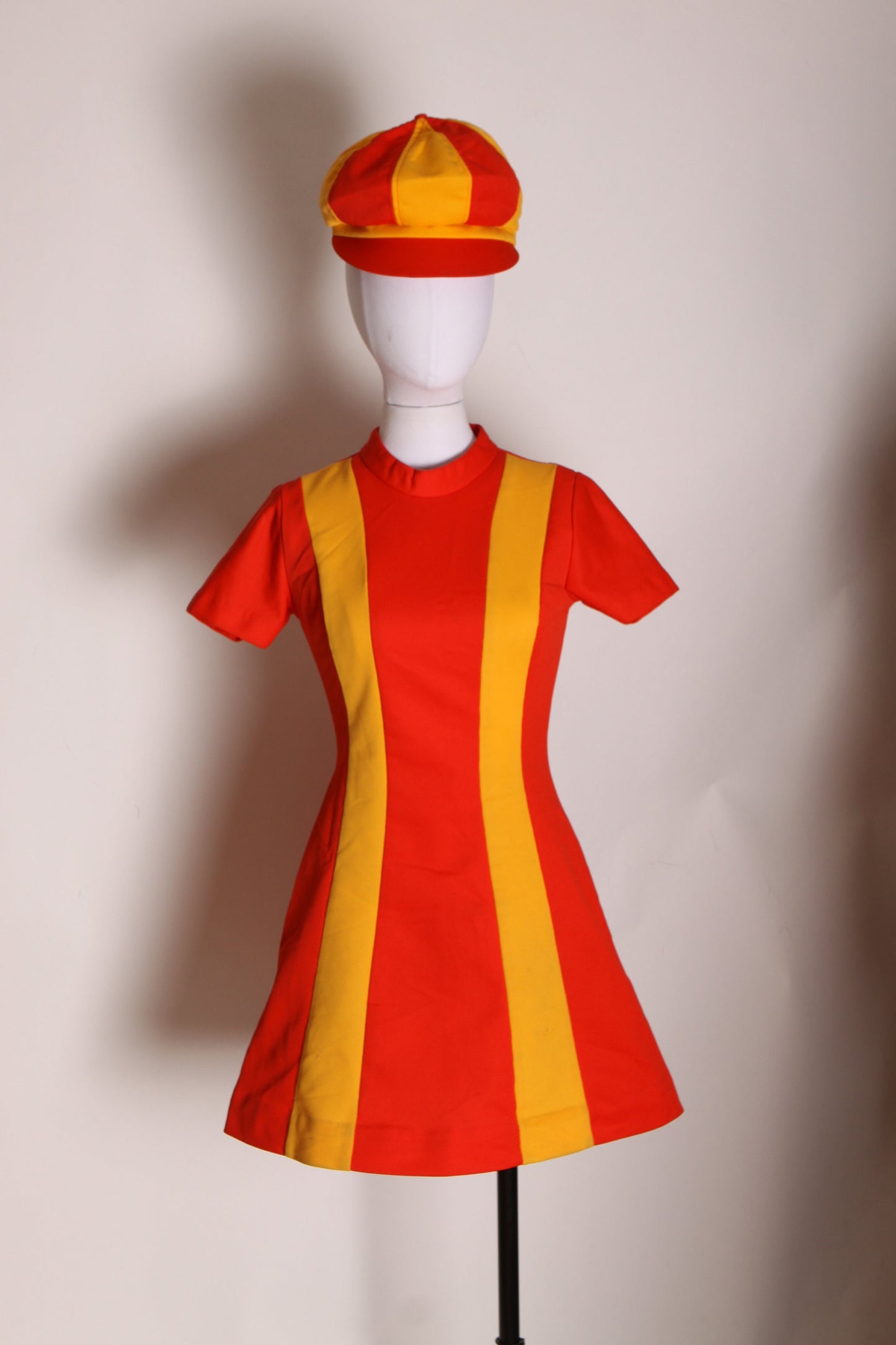 1970s Ketchup Red and Mustard Yellow Striped Mod Burger King Uniform Mini Dress with Matching Hat Uniform by Pretti Careers -XS