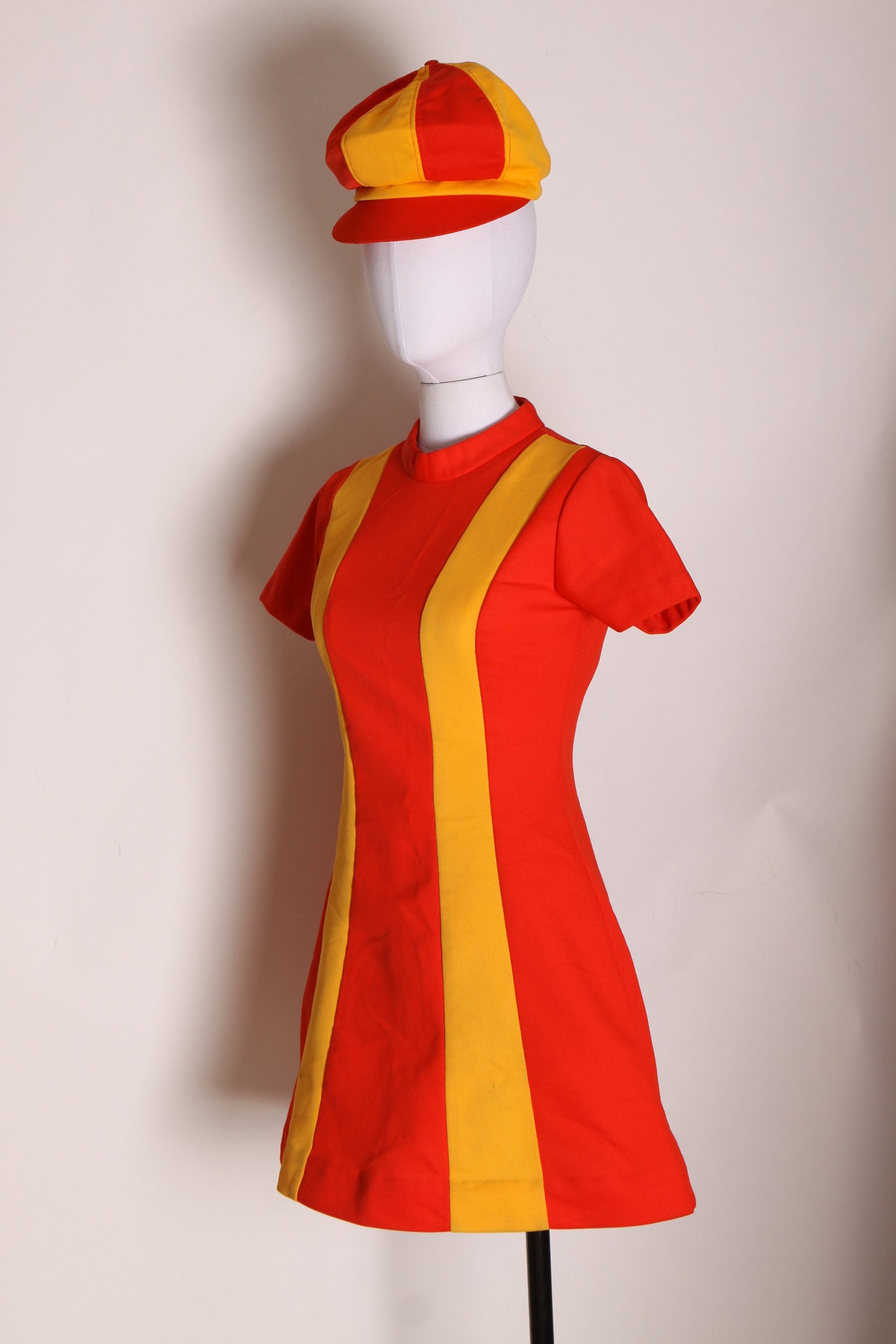 1970s Ketchup Red and Mustard Yellow Striped Mod Burger King Uniform Mini Dress with Matching Hat Uniform by Pretti Careers -XS
