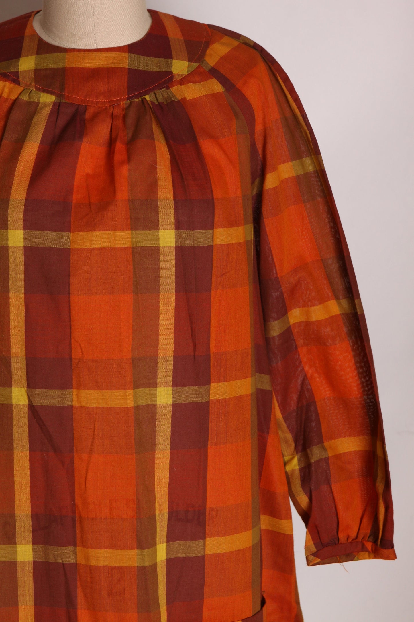 1960s Orange, Brown and Yellow Plaid 3/4 Length Sleeve Pocketed Dress -L
